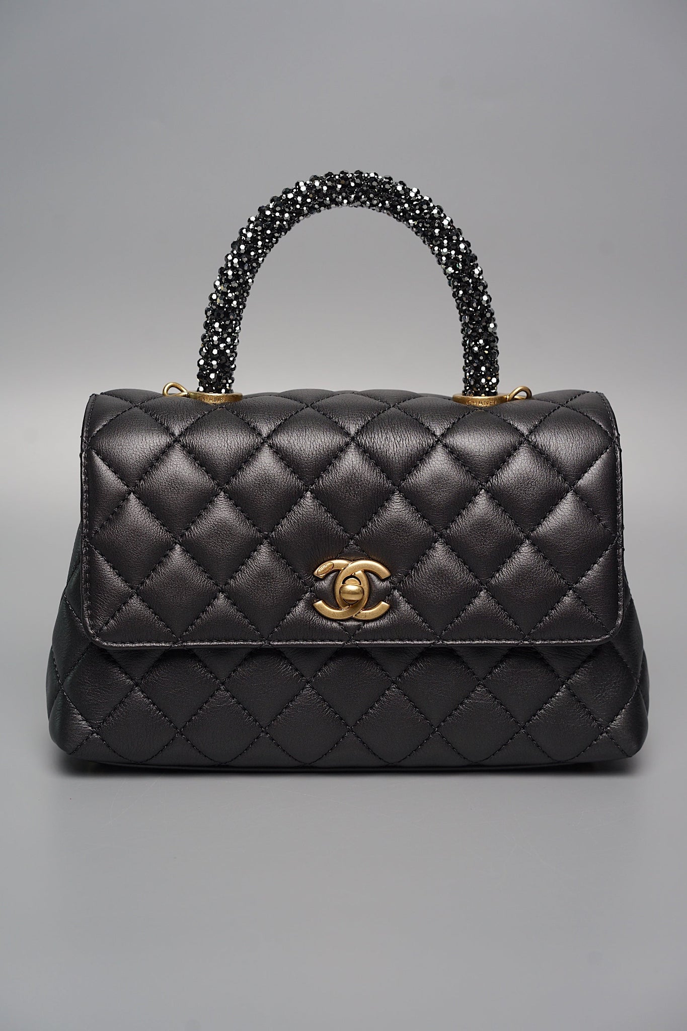 Chanel Coco Handle Small in Black Goat Skin/Black Rhinestones Ghw