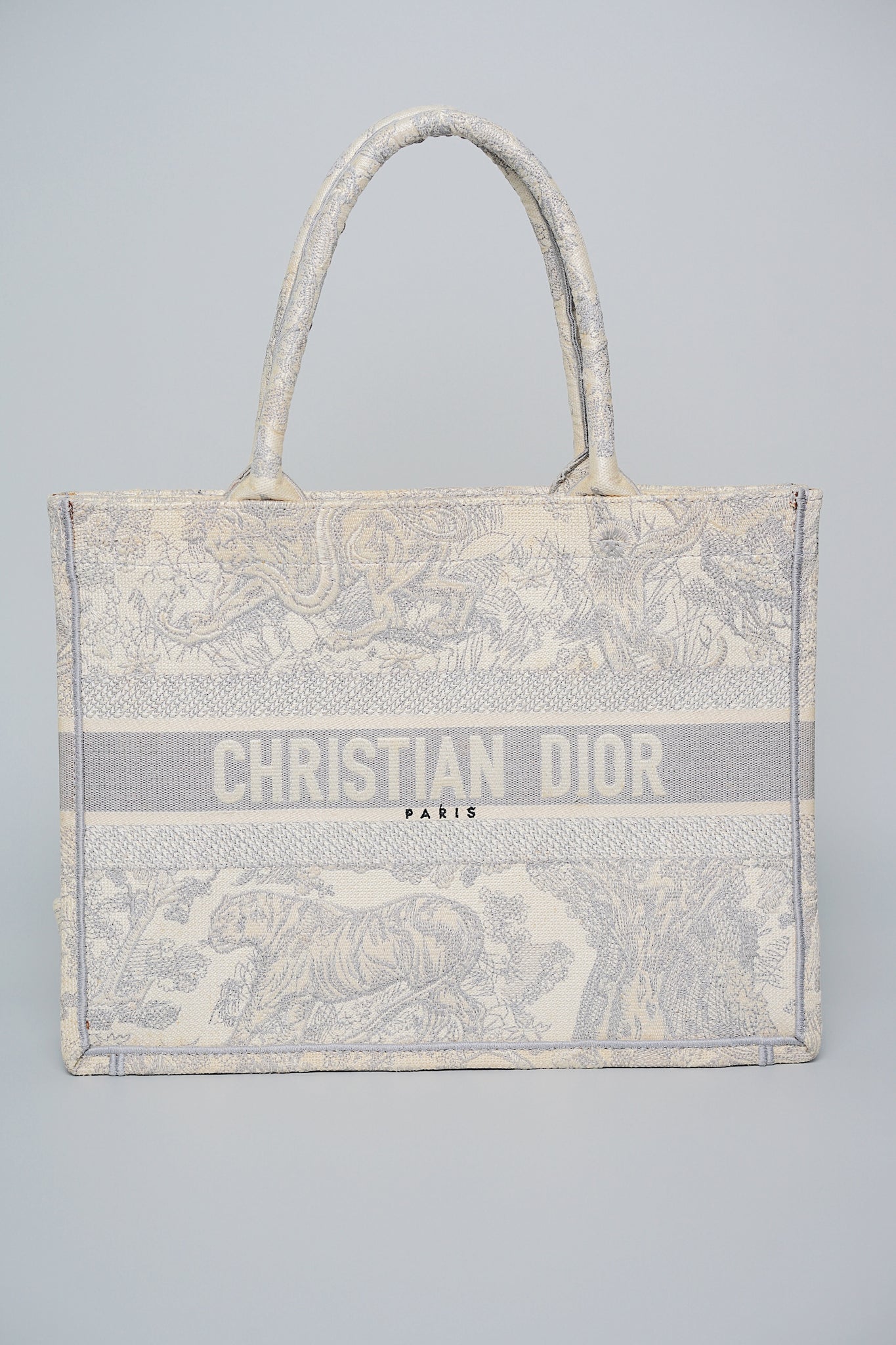 Dior Medium Dior Book Tote in Ecru and Gray Toile de Jouy Embroidery