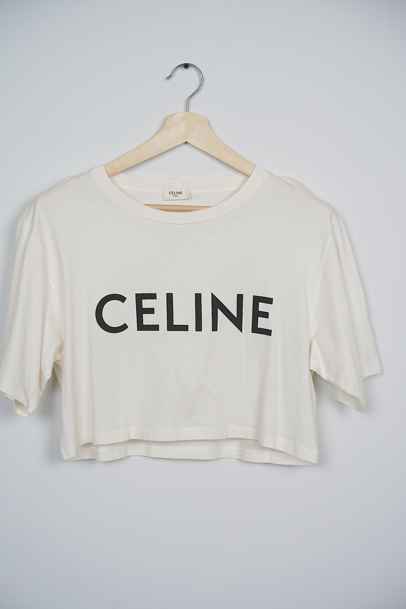 Celine Cropped Logo T-Shirt in White Size M