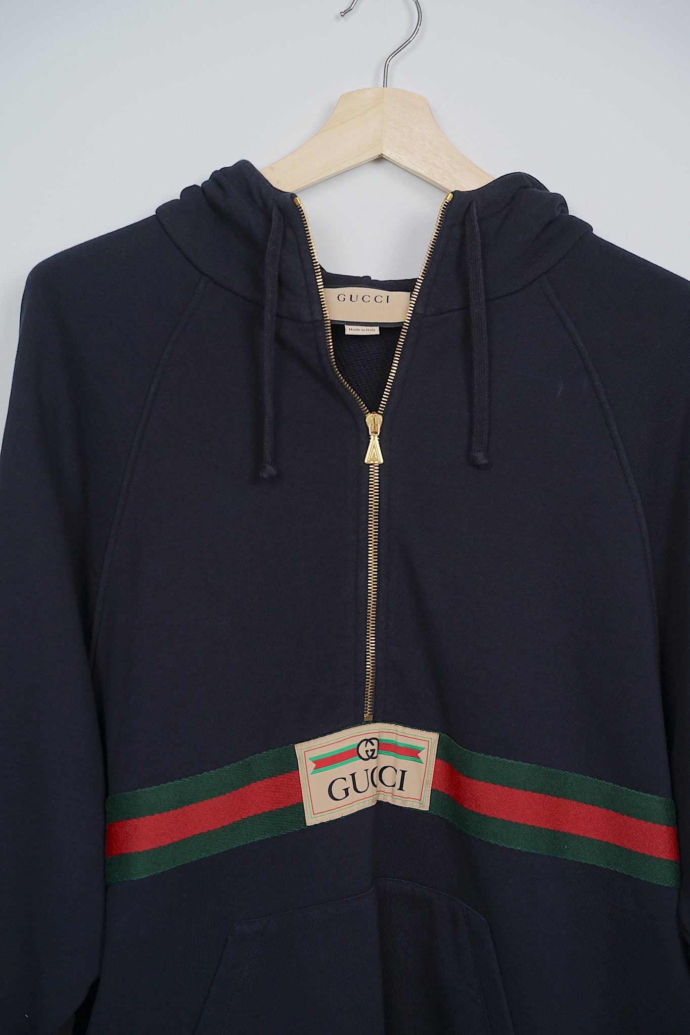 Gucci Hooded Half-Zipper Sweatshirt in Dark Blue Striped Size S