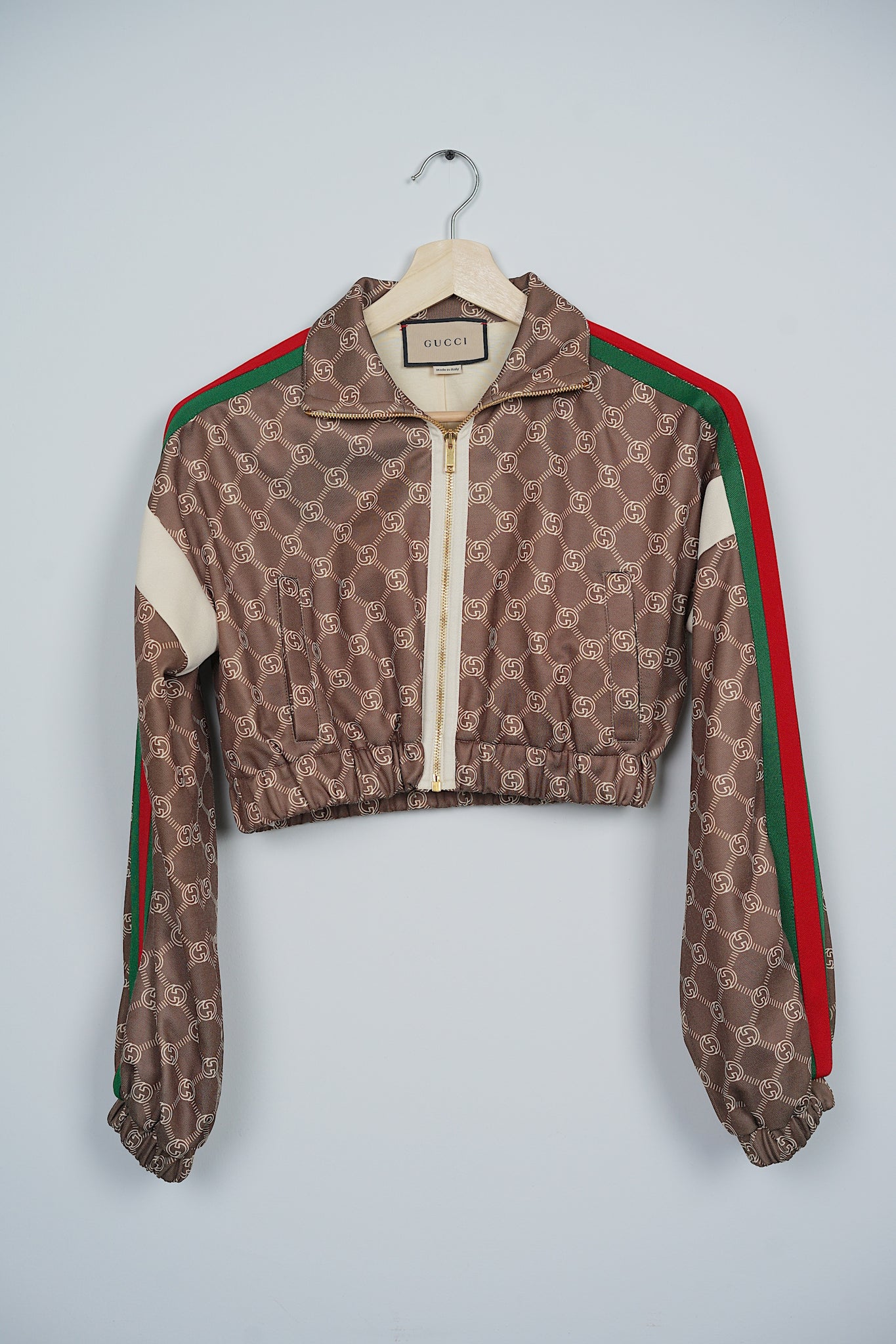 Gucci Interlocking G Zipper Jacket in Olive Green/Ivory Size S