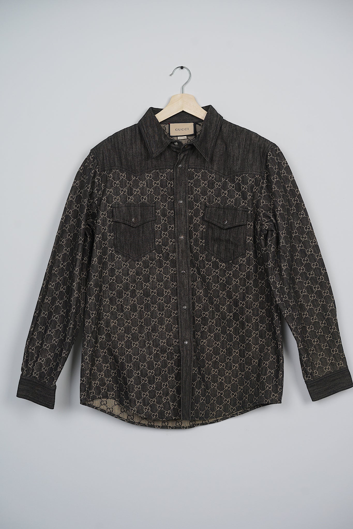 Gucci Men's Full-Printed Denim Shirt in Black Size 52 (Brand New)