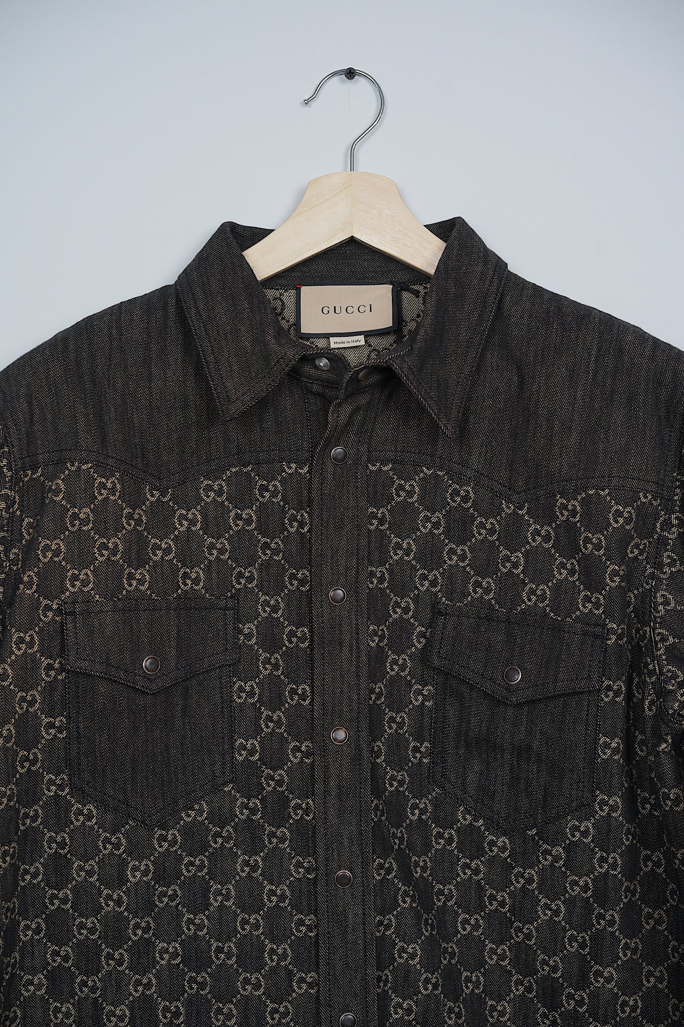 Gucci Men's Full-Printed Denim Shirt in Black Size 52 (Brand New)