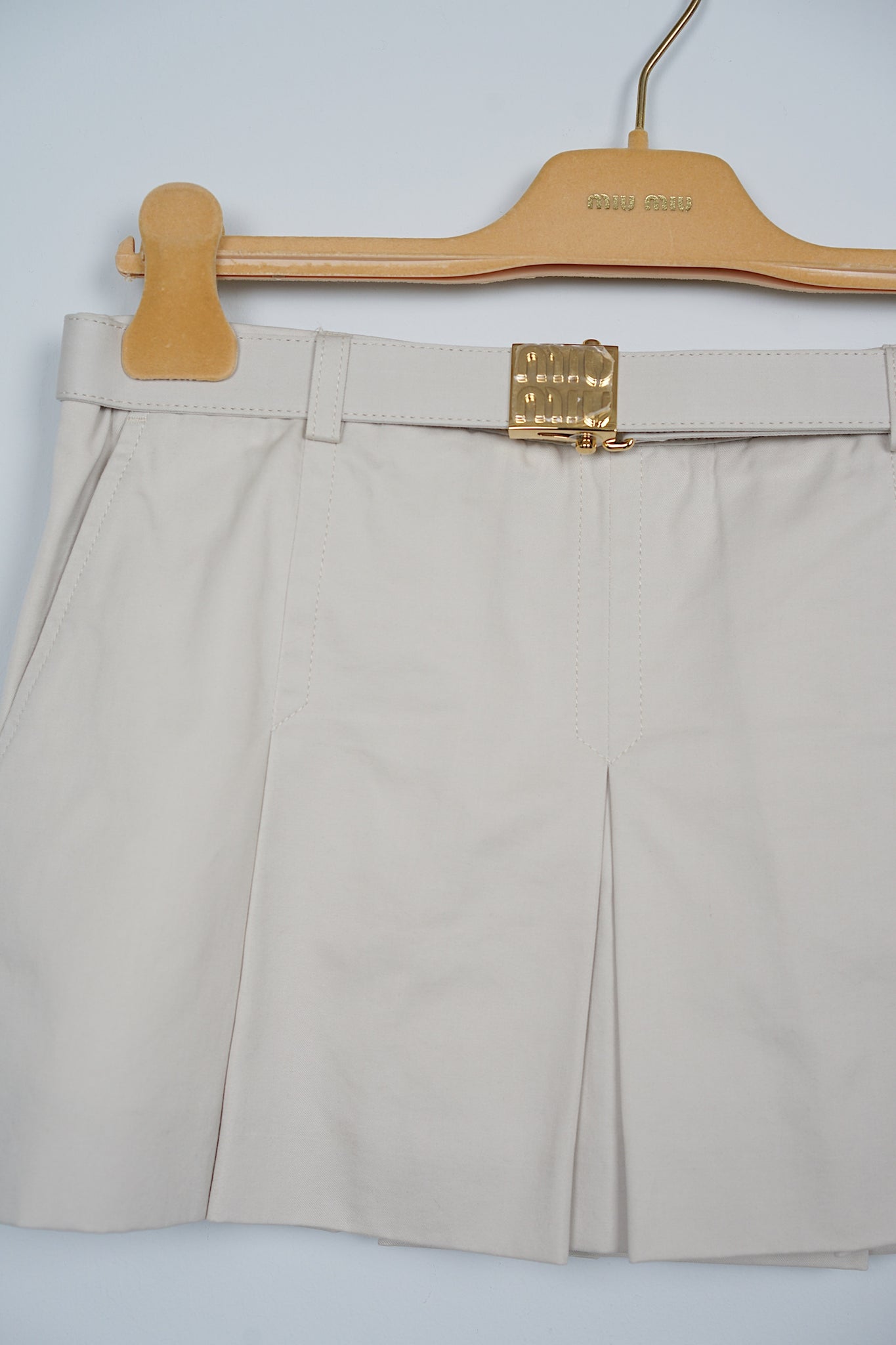 Miu Miu Button Shirt and Pleated Skorts with Belt in Beige Size 36