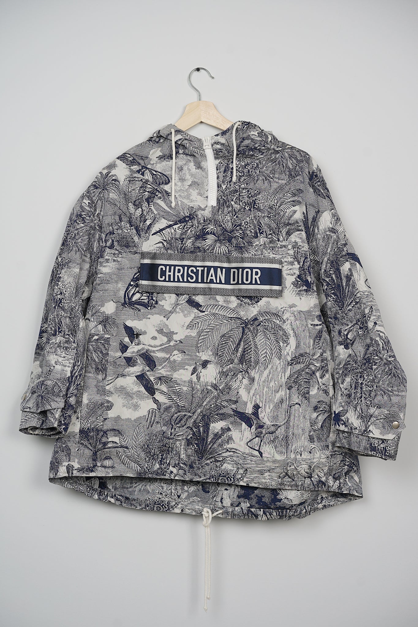 Christian Dior Toile de Jouy Tropicalia Windbreaker Jacket in White/Navy Blue Size S