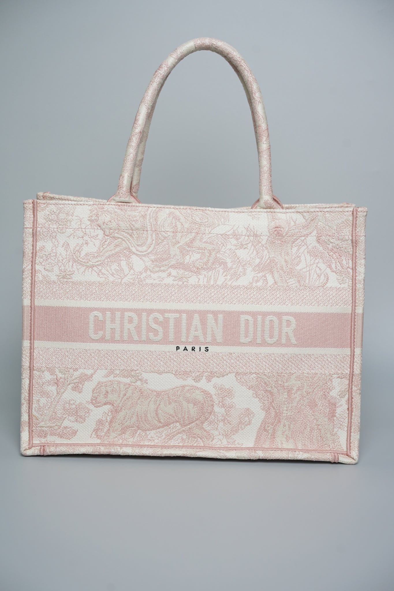 Dior Medium Book Tote in Ecru and Pink Toile de Jouy Embroidery