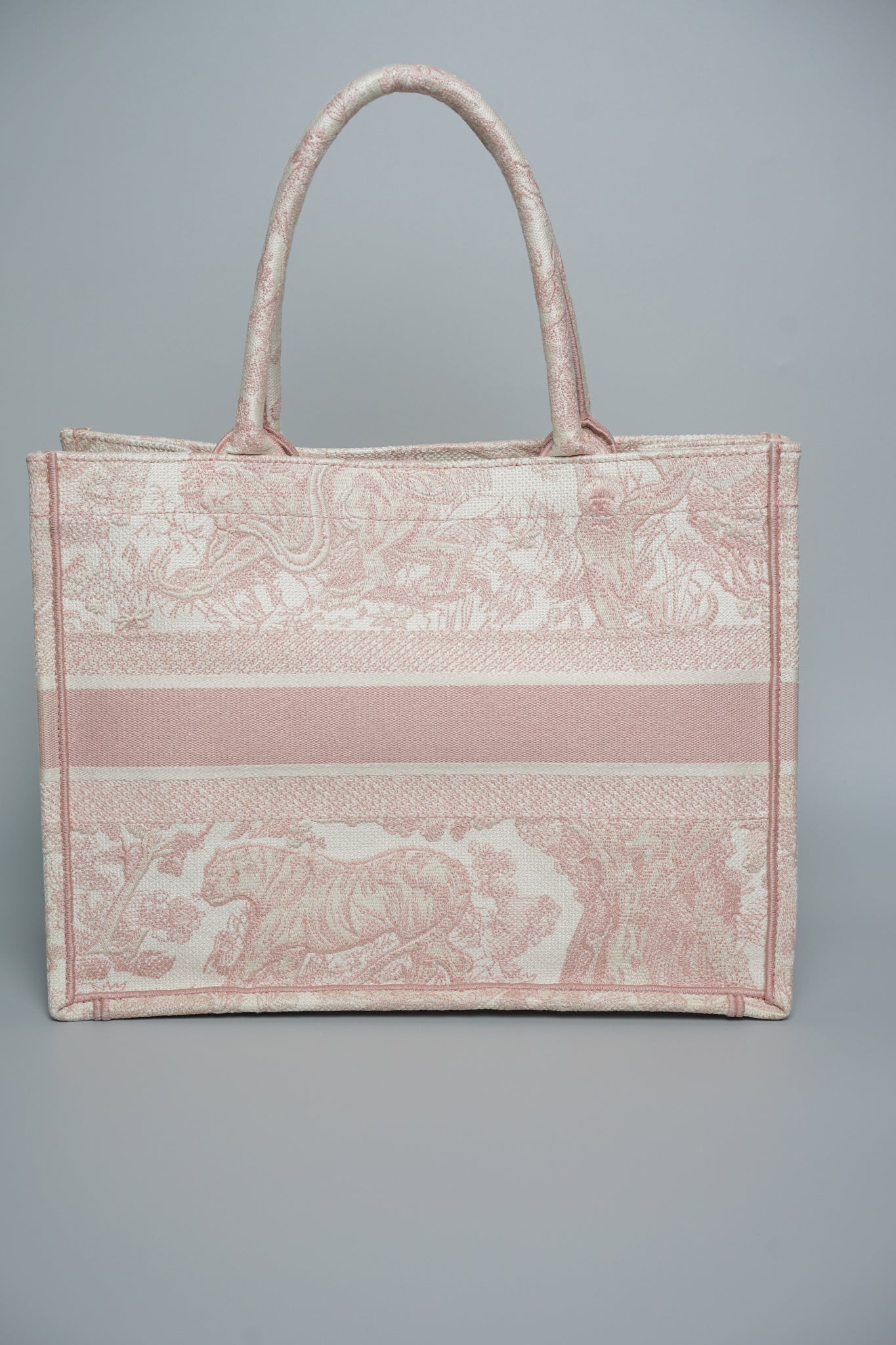 Dior Medium Book Tote in Ecru and Pink Toile de Jouy Embroidery