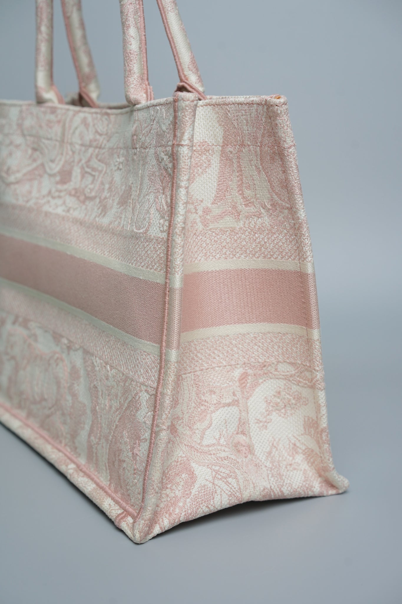 Dior Medium Book Tote in Ecru and Pink Toile de Jouy Embroidery