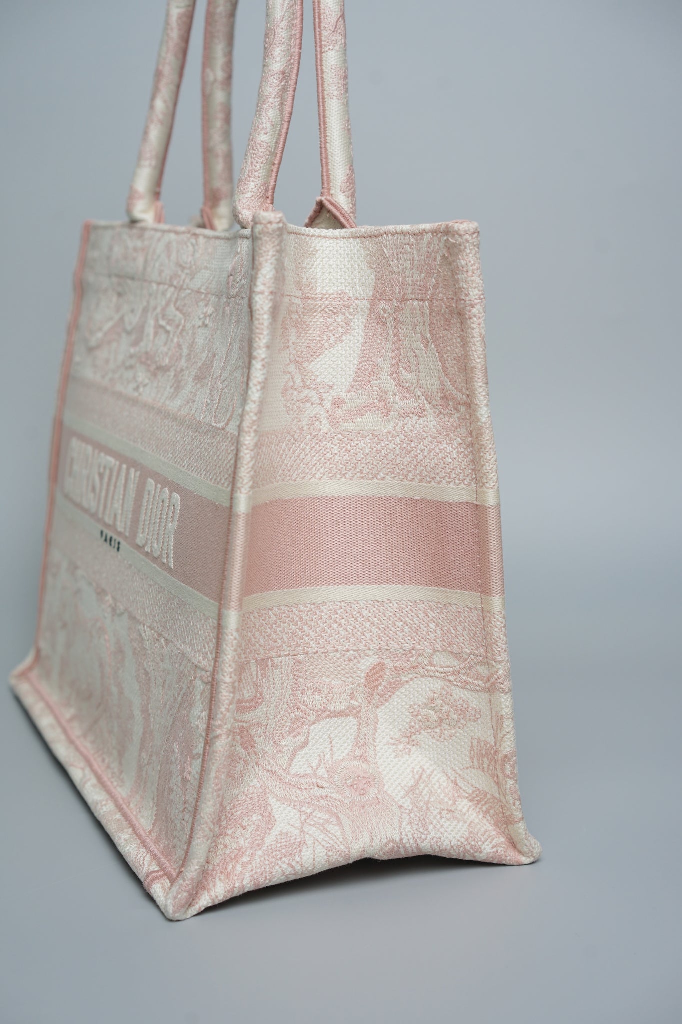 Dior Medium Book Tote in Ecru and Pink Toile de Jouy Embroidery