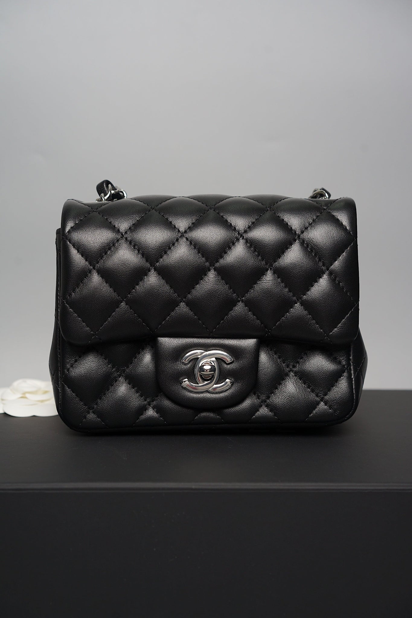 Chanel Classic Mini Square Flap in Black Lambskin Shw (Brand New)