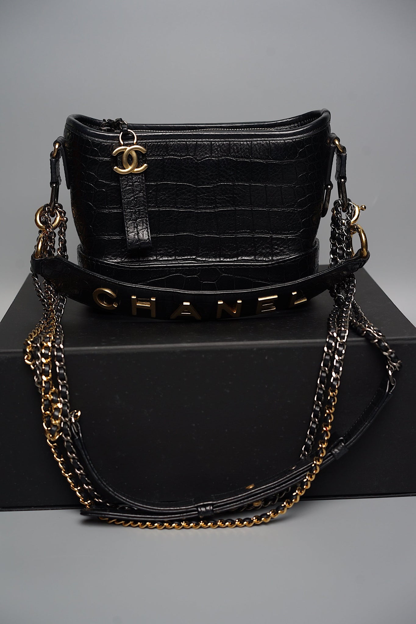 Chanel Gabrielle Small in Black Embossed Croc