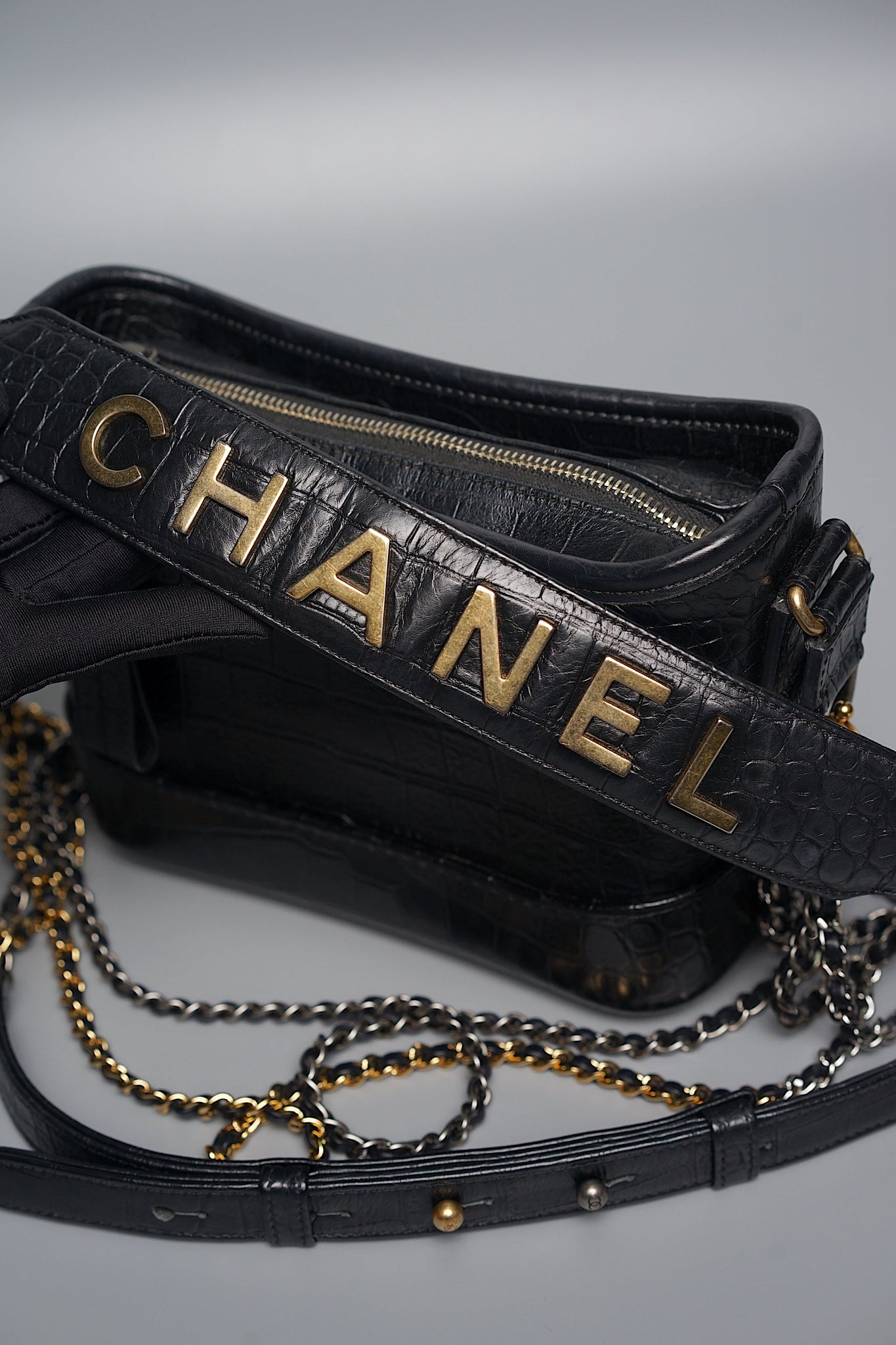 Chanel Gabrielle Small in Black Embossed Croc