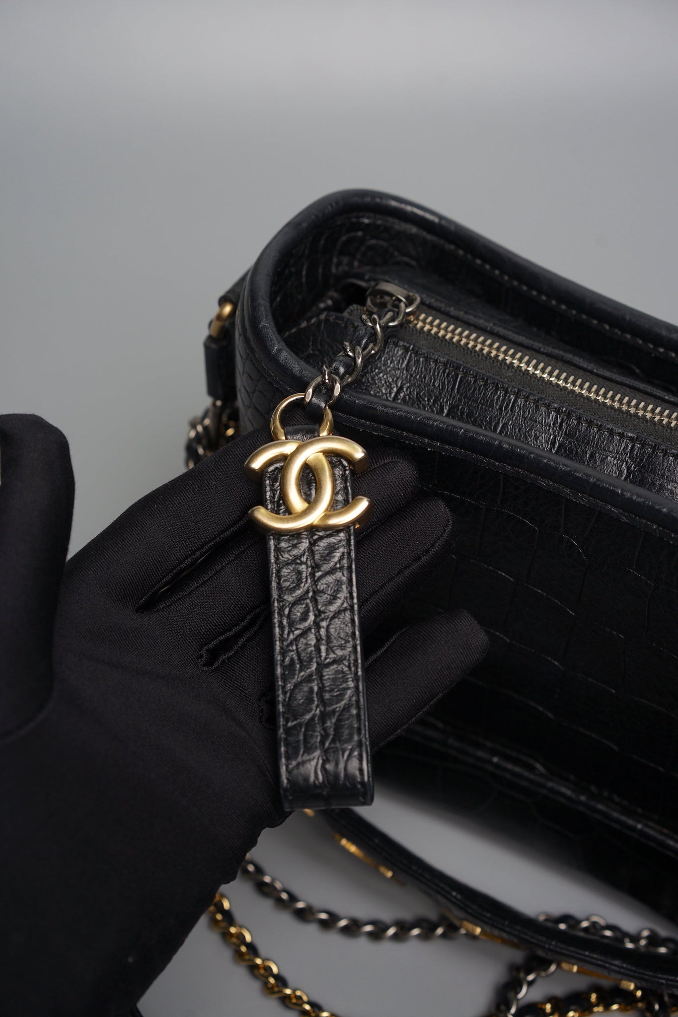 Chanel Gabrielle Small in Black Embossed Croc