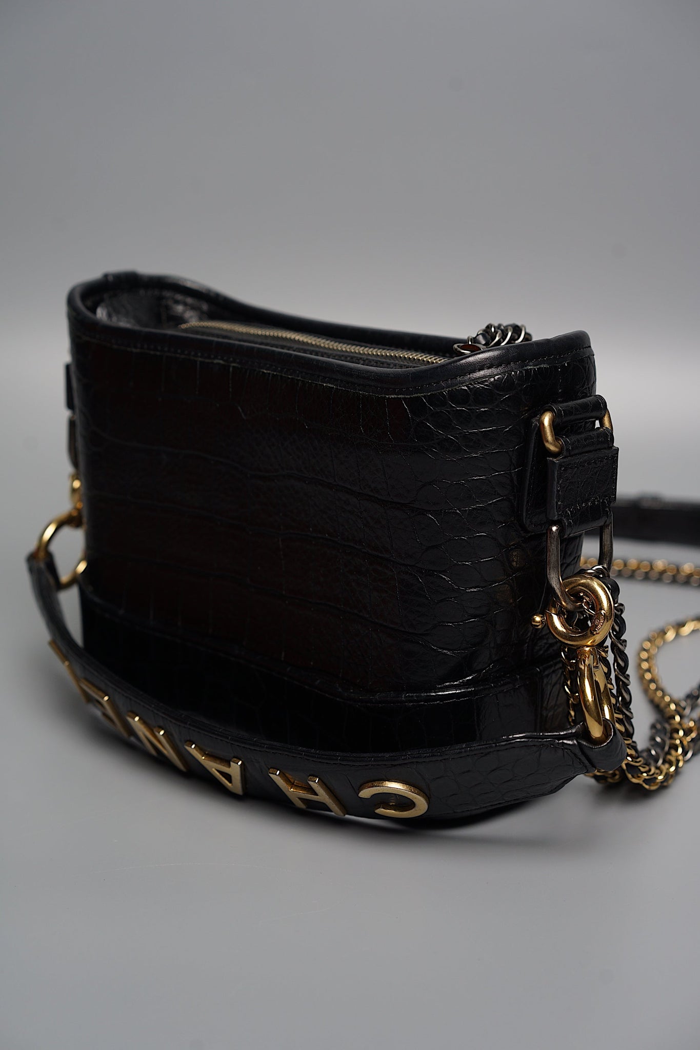 Chanel Gabrielle Small in Black Embossed Croc