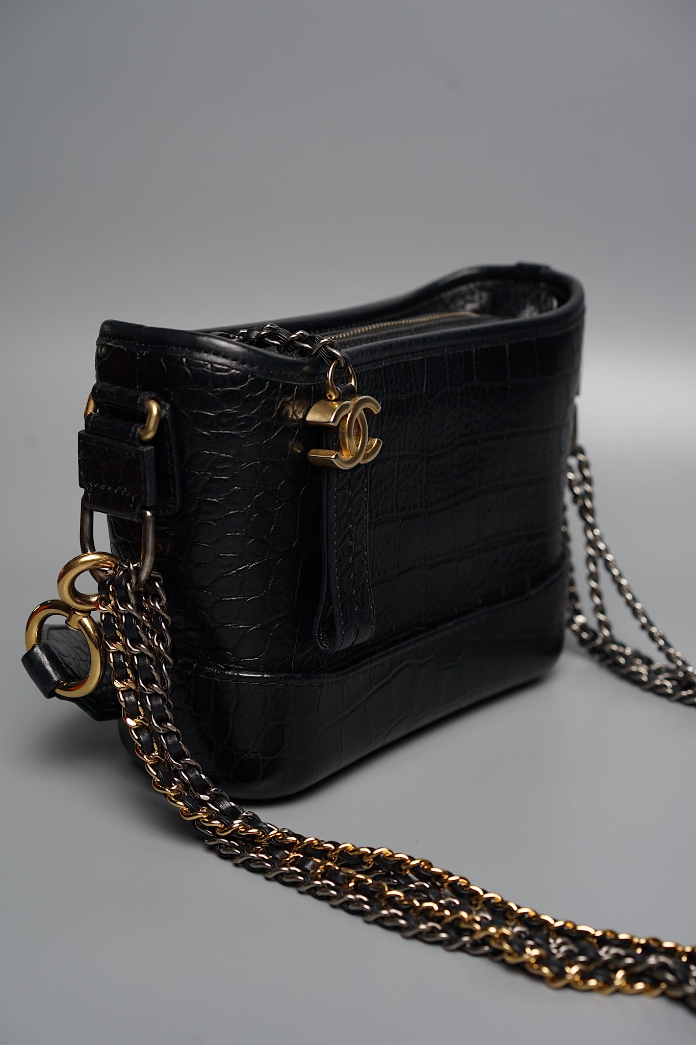 Chanel Gabrielle Small in Black Embossed Croc