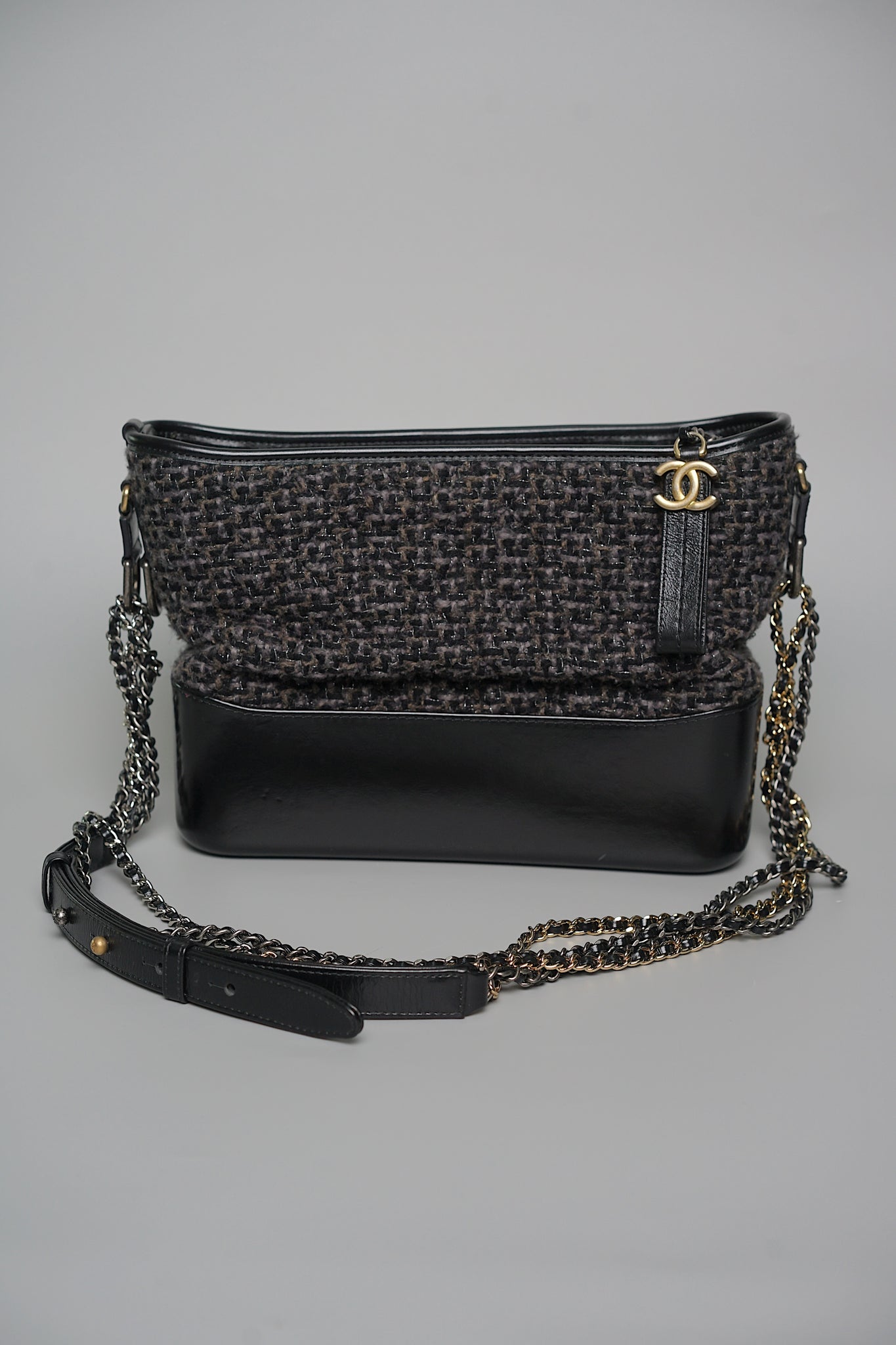Chanel Gabrille Tweed Calfskin Bag in Black/Grey Bghw