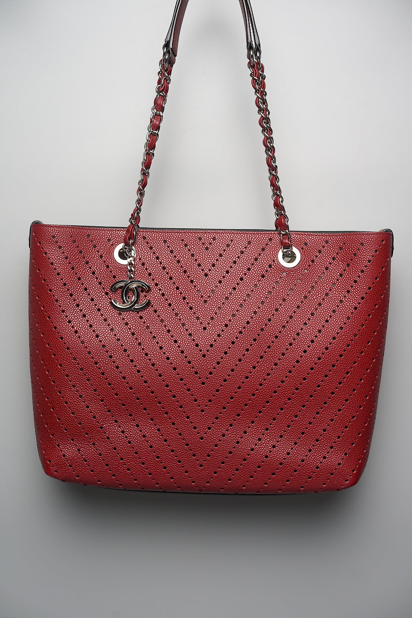 Chanel CC Perforated Shopping Tote in Burgundy Shw