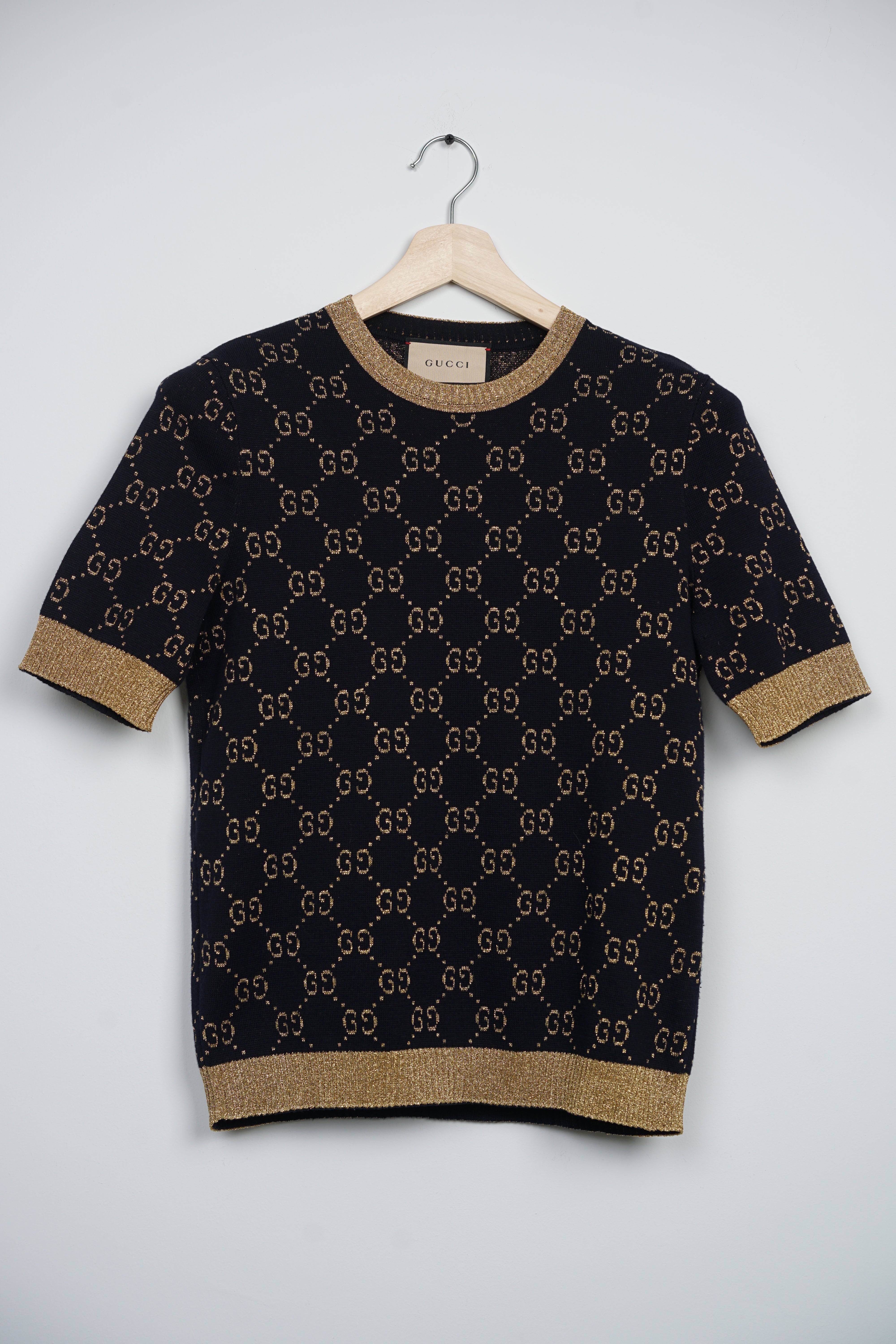 Gucci Short Sleeve Knit Top in Dark Blue with Gold Threading Size