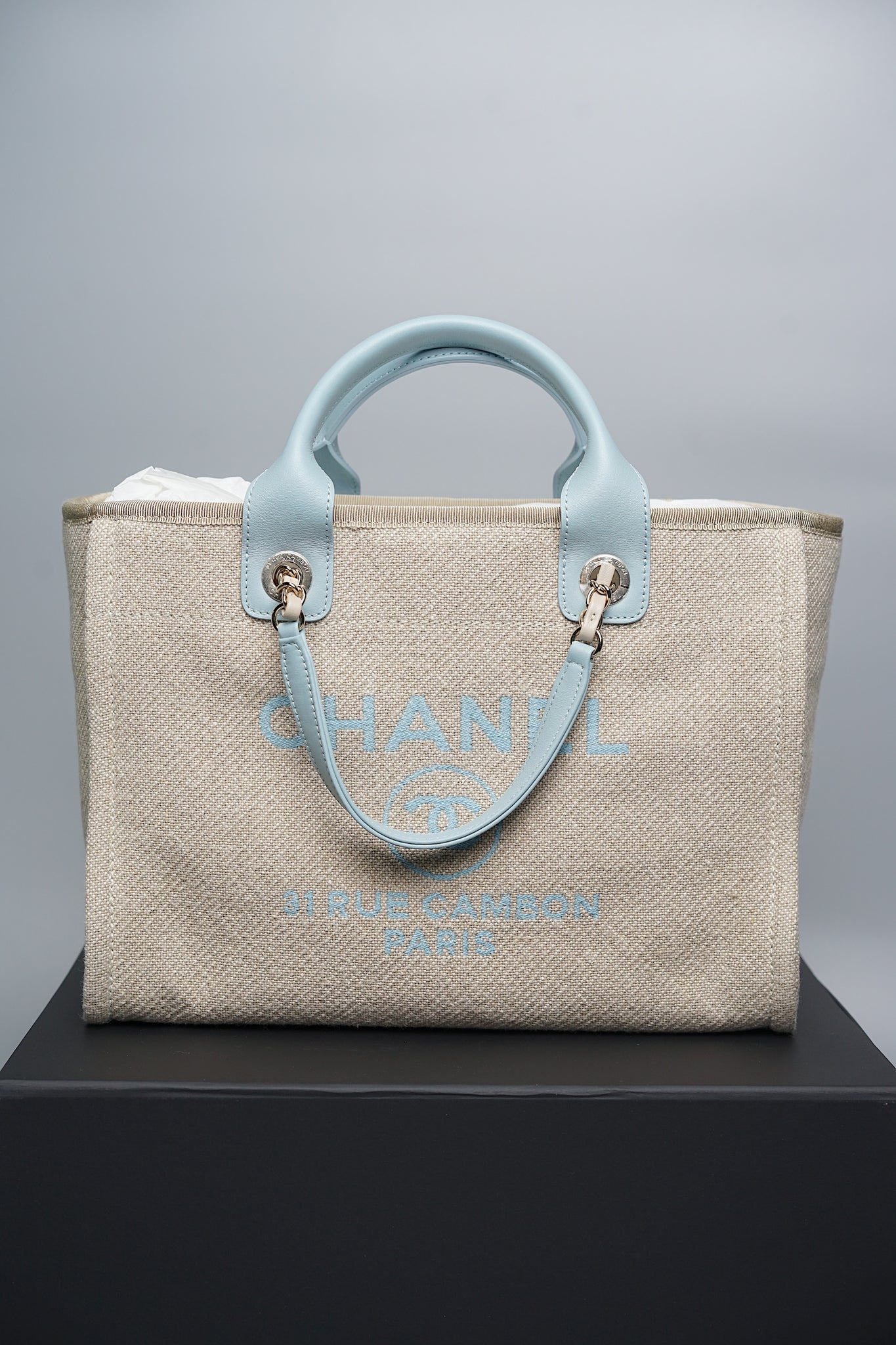 Chanel Mixed Fiber Small Deauville Tote in Beige/Baby Blue Shw (Brand New)