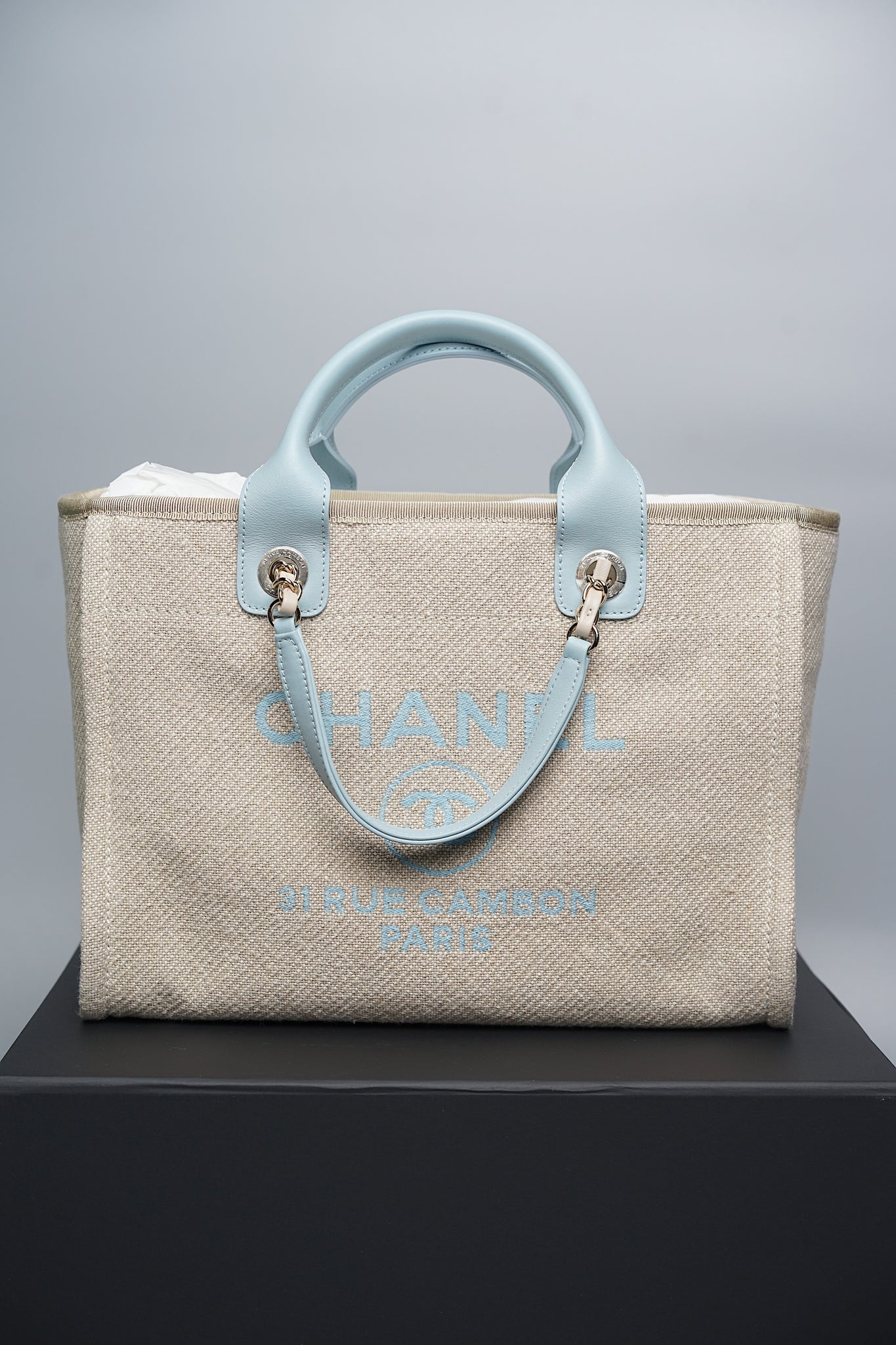 Chanel Mixed Fiber Small Deauville Tote in Beige/Baby Blue Shw (Brand New)