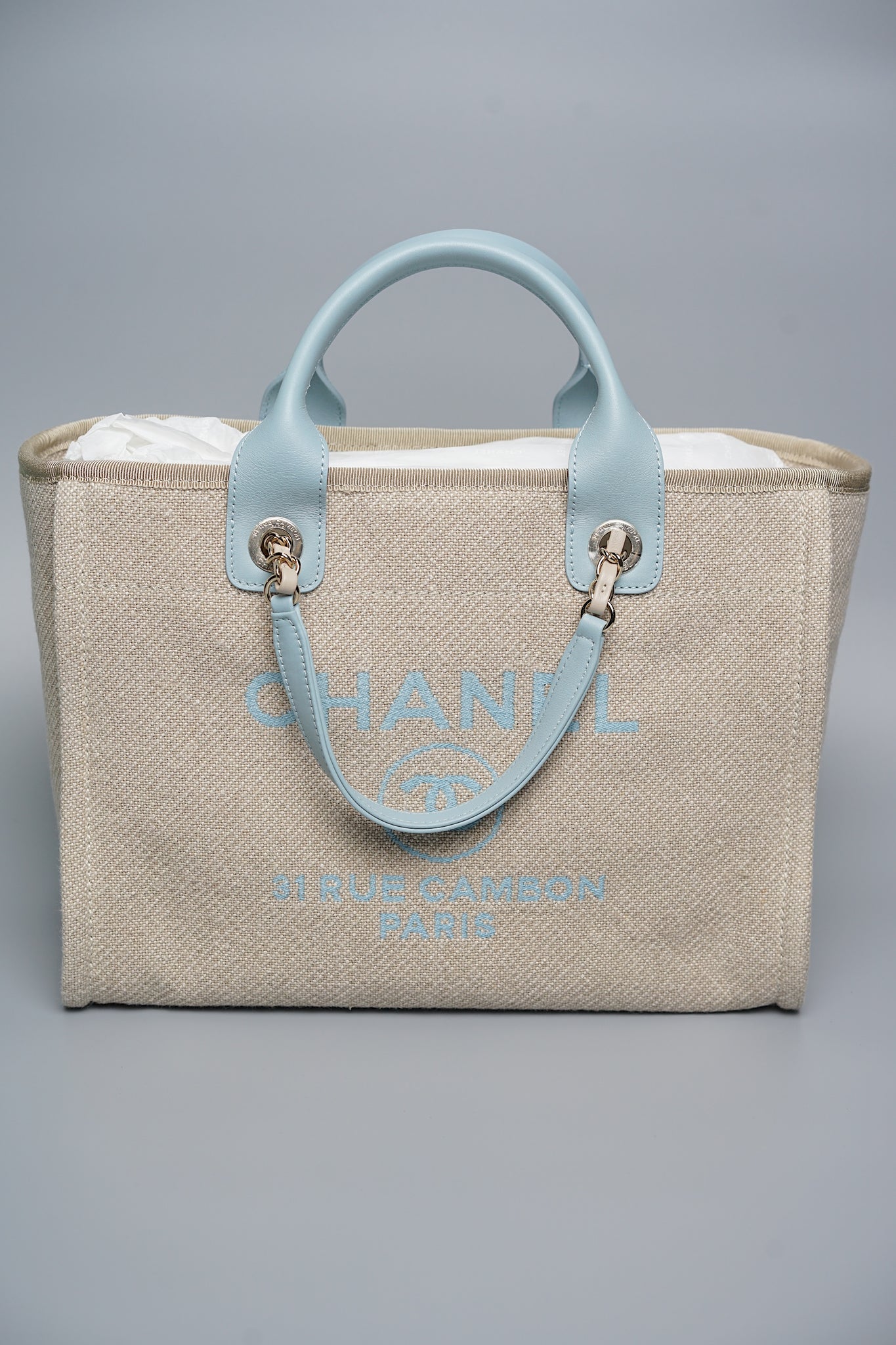 Chanel Mixed Fiber Small Deauville Tote in Beige/Baby Blue Shw (Brand New)