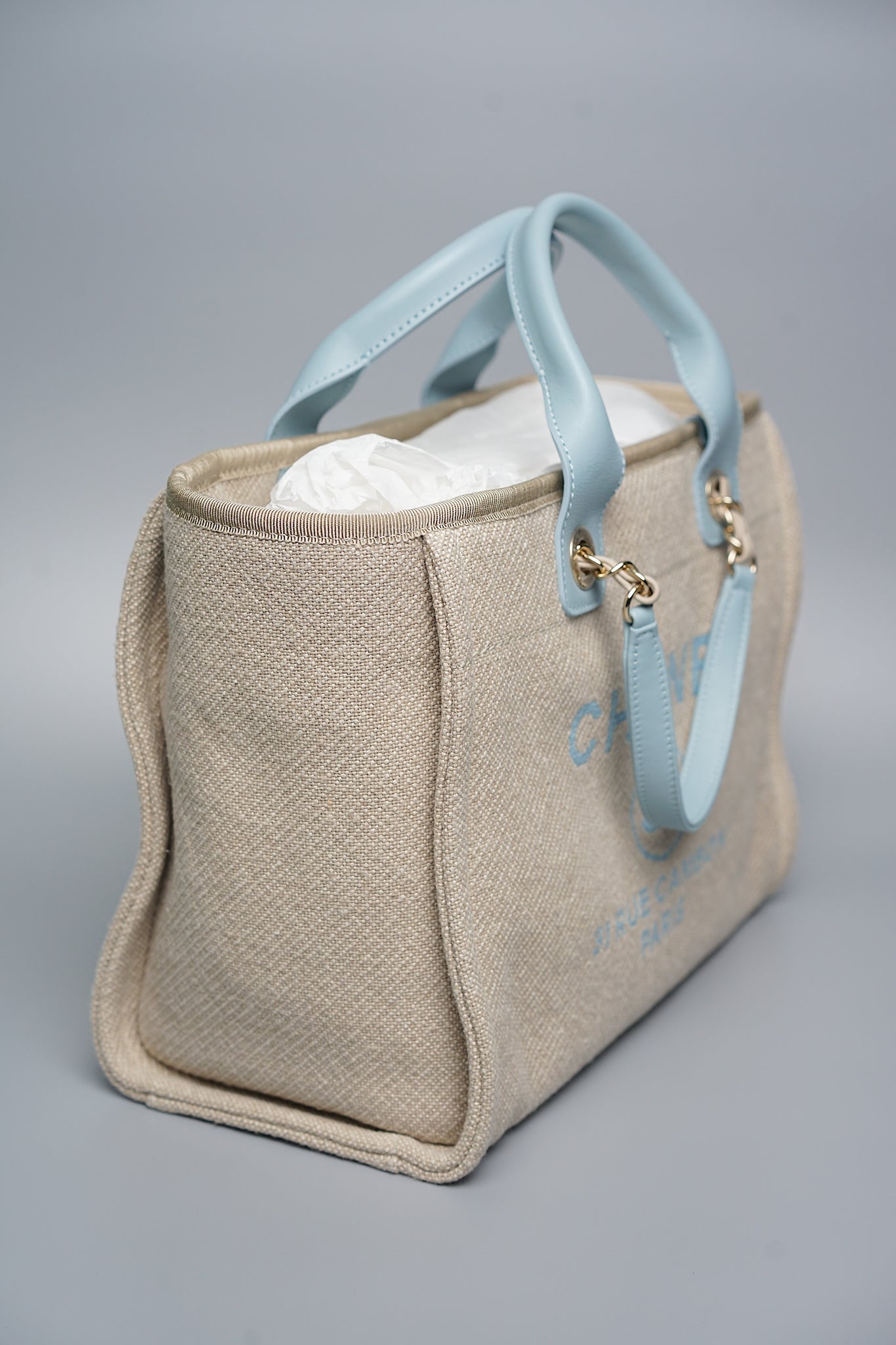 Chanel Mixed Fiber Small Deauville Tote in Beige/Baby Blue Shw (Brand New)
