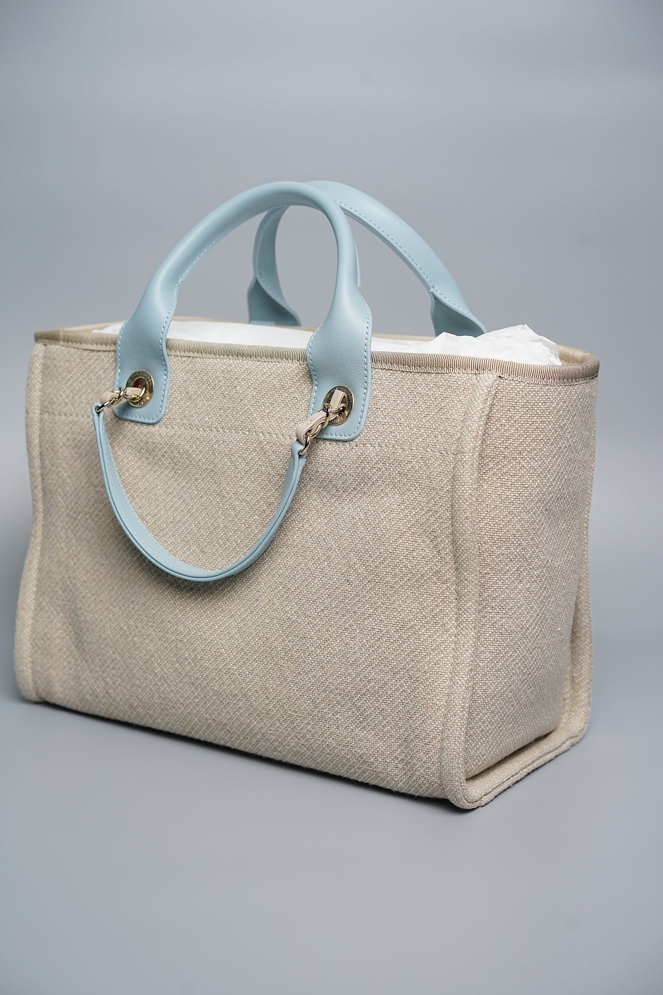 Chanel Mixed Fiber Small Deauville Tote in Beige/Baby Blue Shw (Brand New)