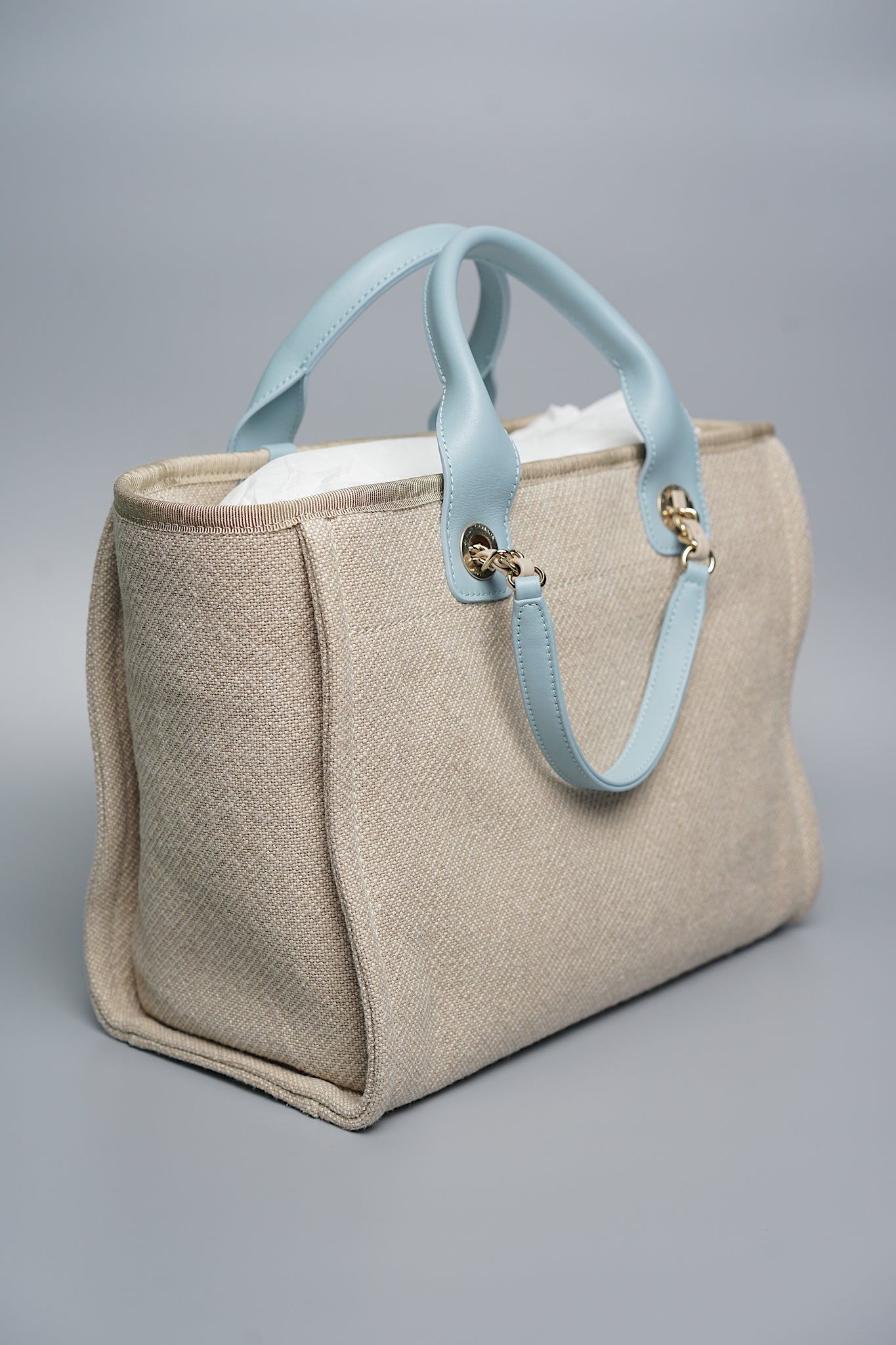 Chanel Mixed Fiber Small Deauville Tote in Beige/Baby Blue Shw (Brand New)