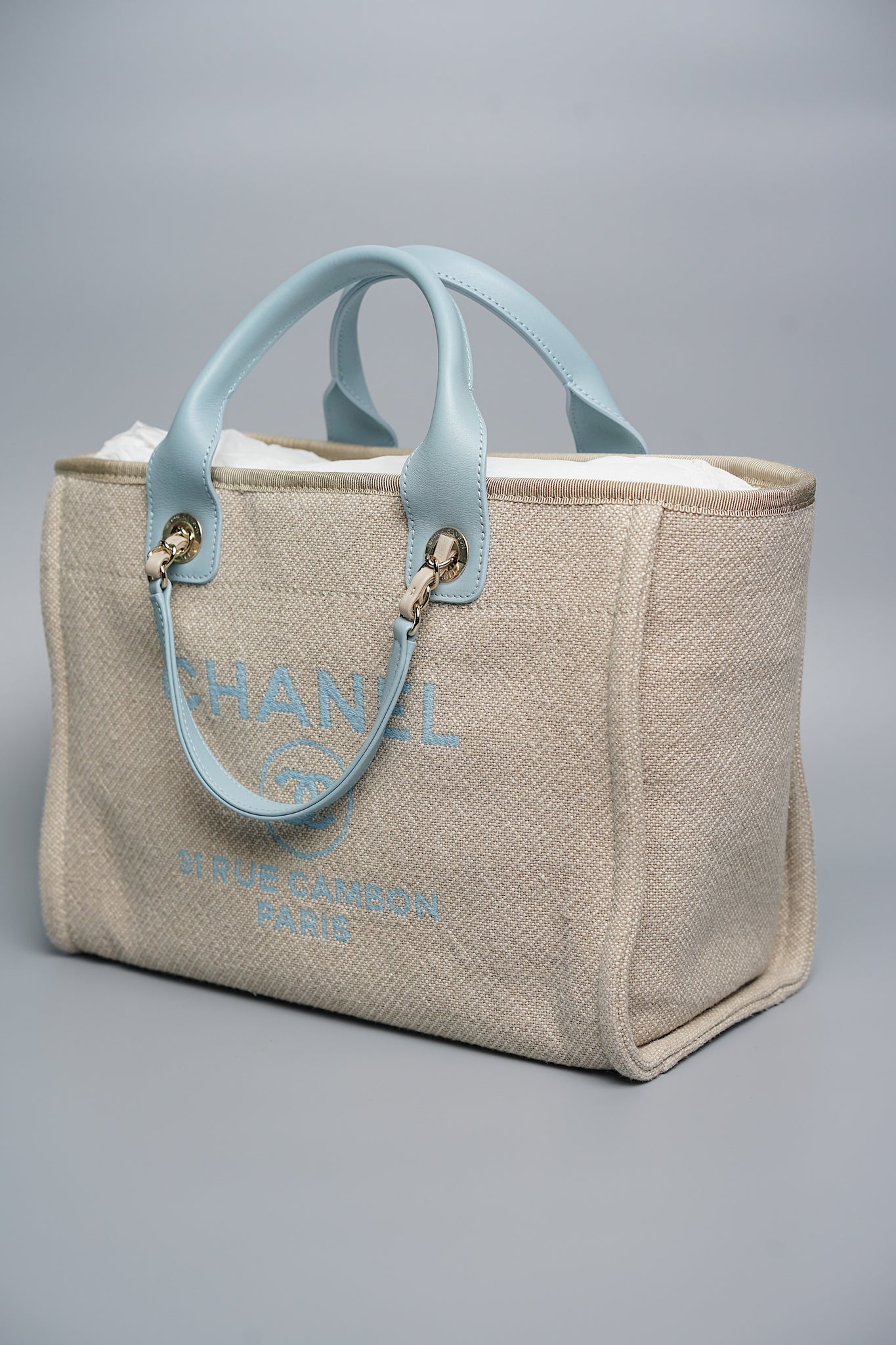 Chanel Mixed Fiber Small Deauville Tote in Beige/Baby Blue Shw (Brand New)