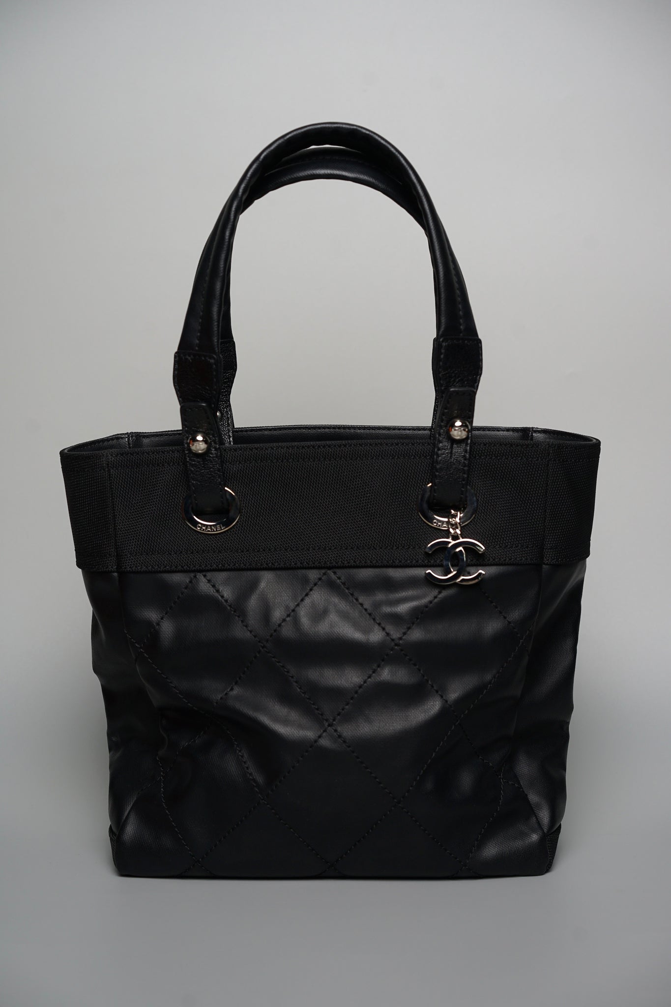 Chanel Biarritz Tote Quilted Coated Canvas in Black Shw