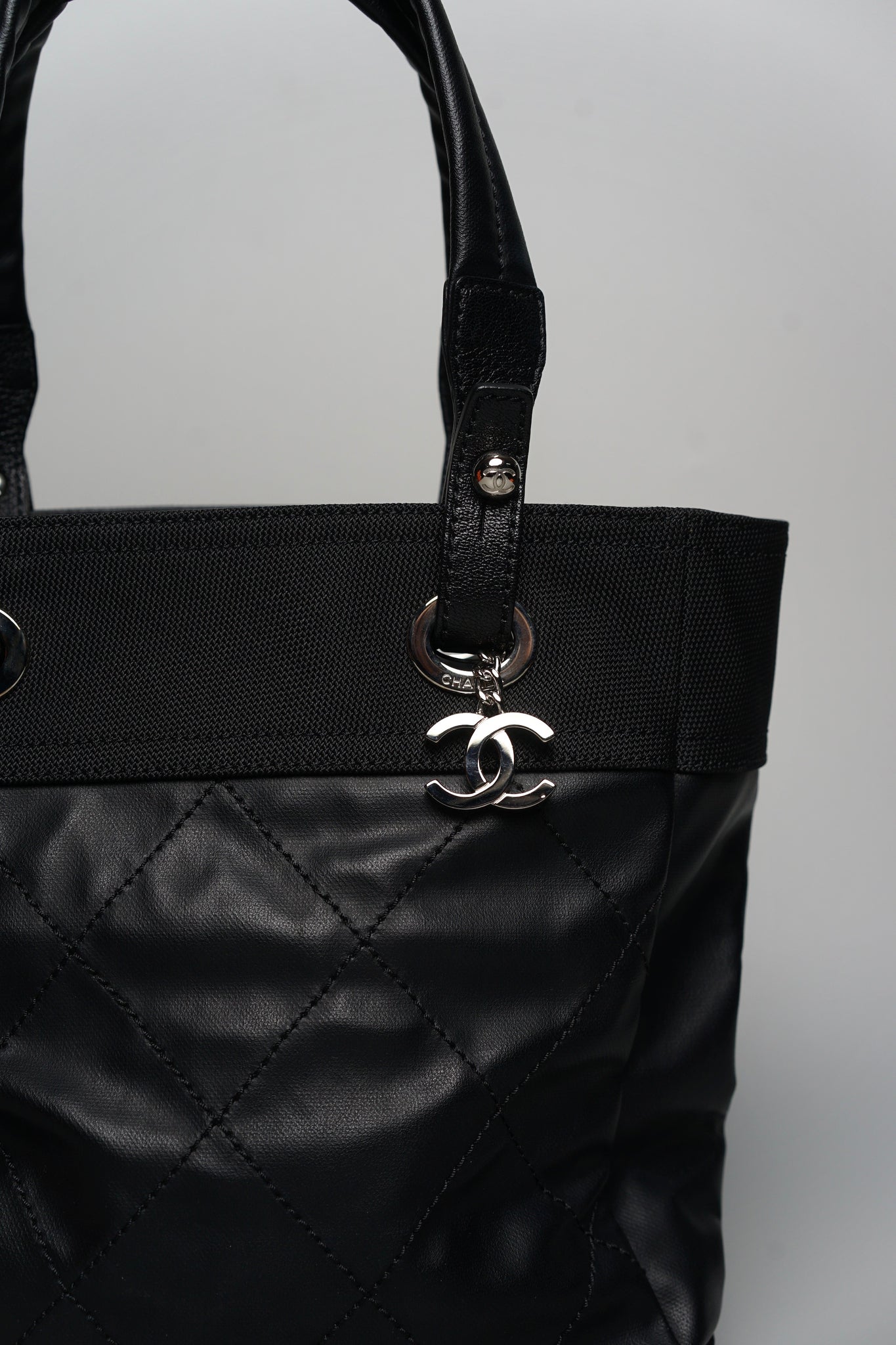 Chanel Biarritz Tote Quilted Coated Canvas in Black Shw
