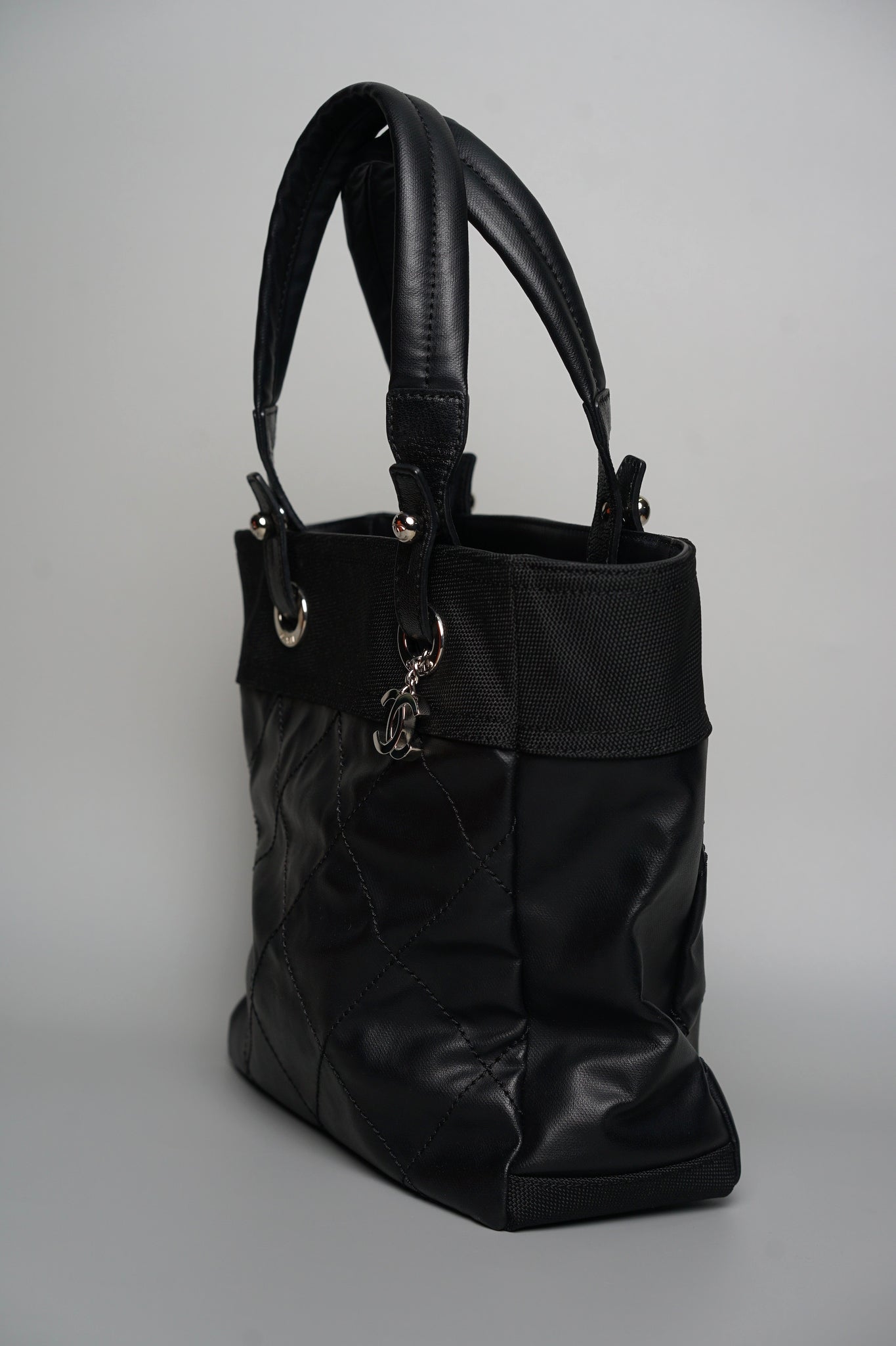 Chanel Biarritz Tote Quilted Coated Canvas in Black Shw