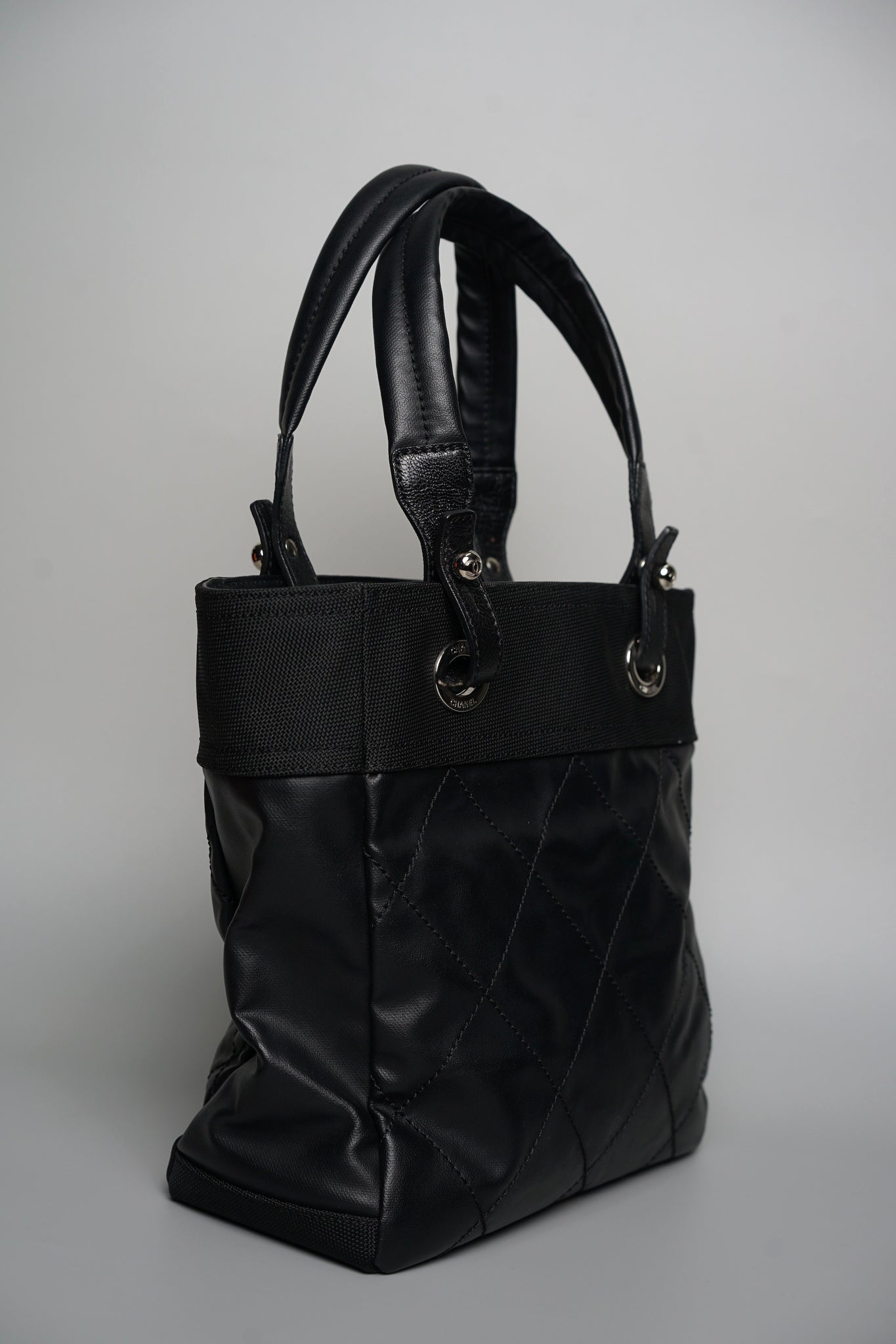 Chanel Biarritz Tote Quilted Coated Canvas in Black Shw