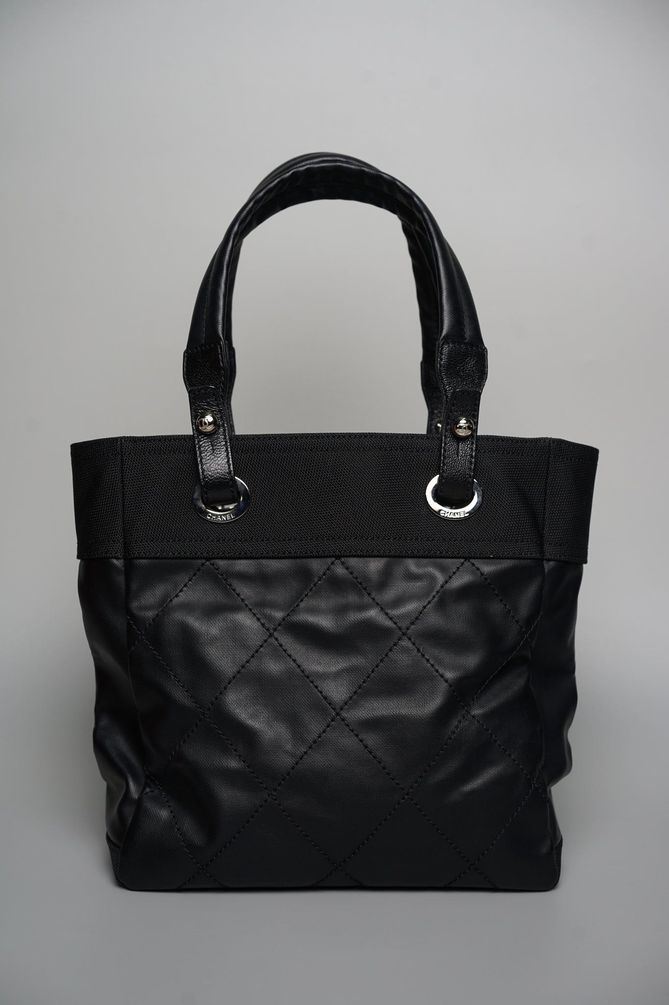 Chanel Biarritz Tote Quilted Coated Canvas in Black Shw