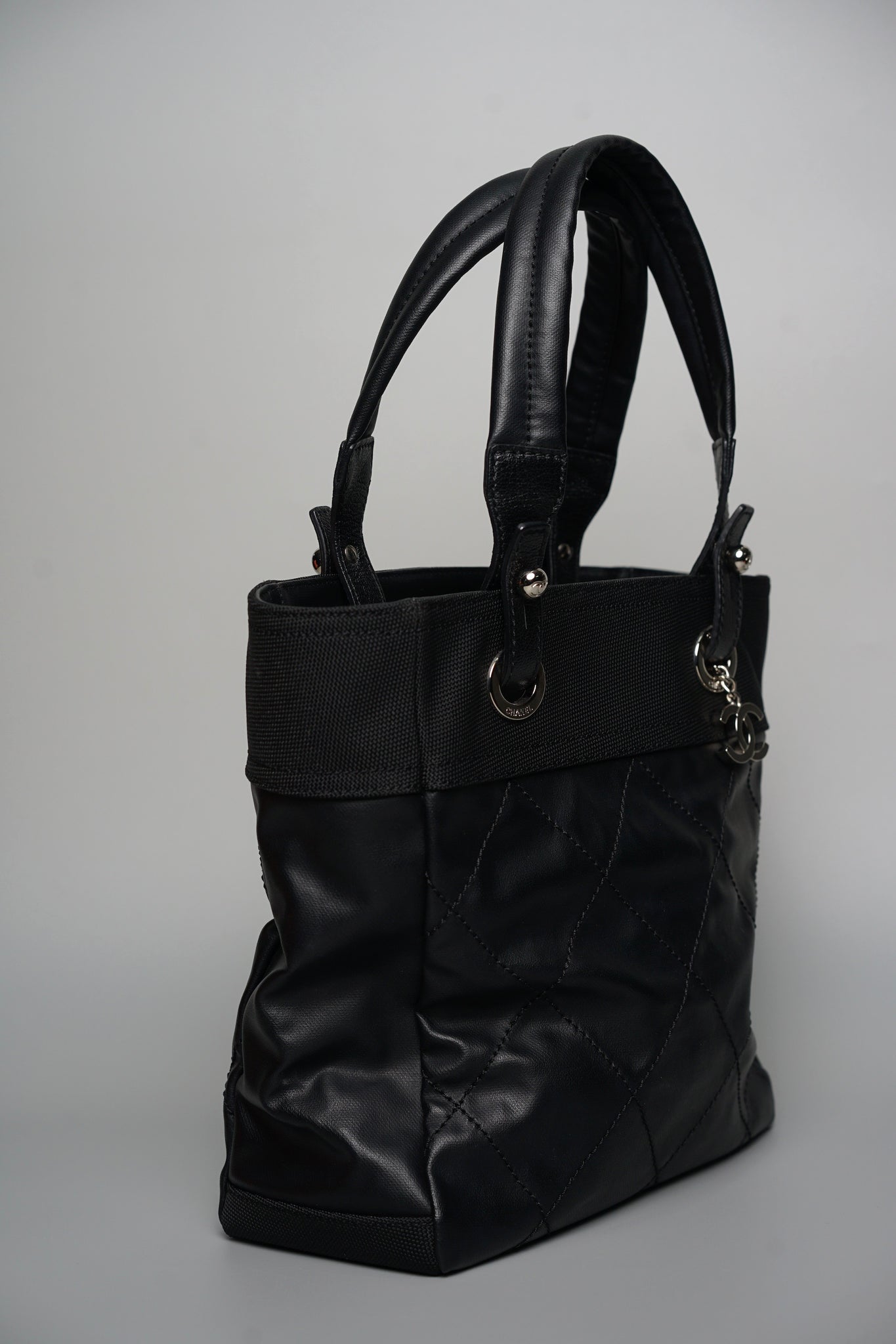 Chanel Biarritz Tote Quilted Coated Canvas in Black Shw