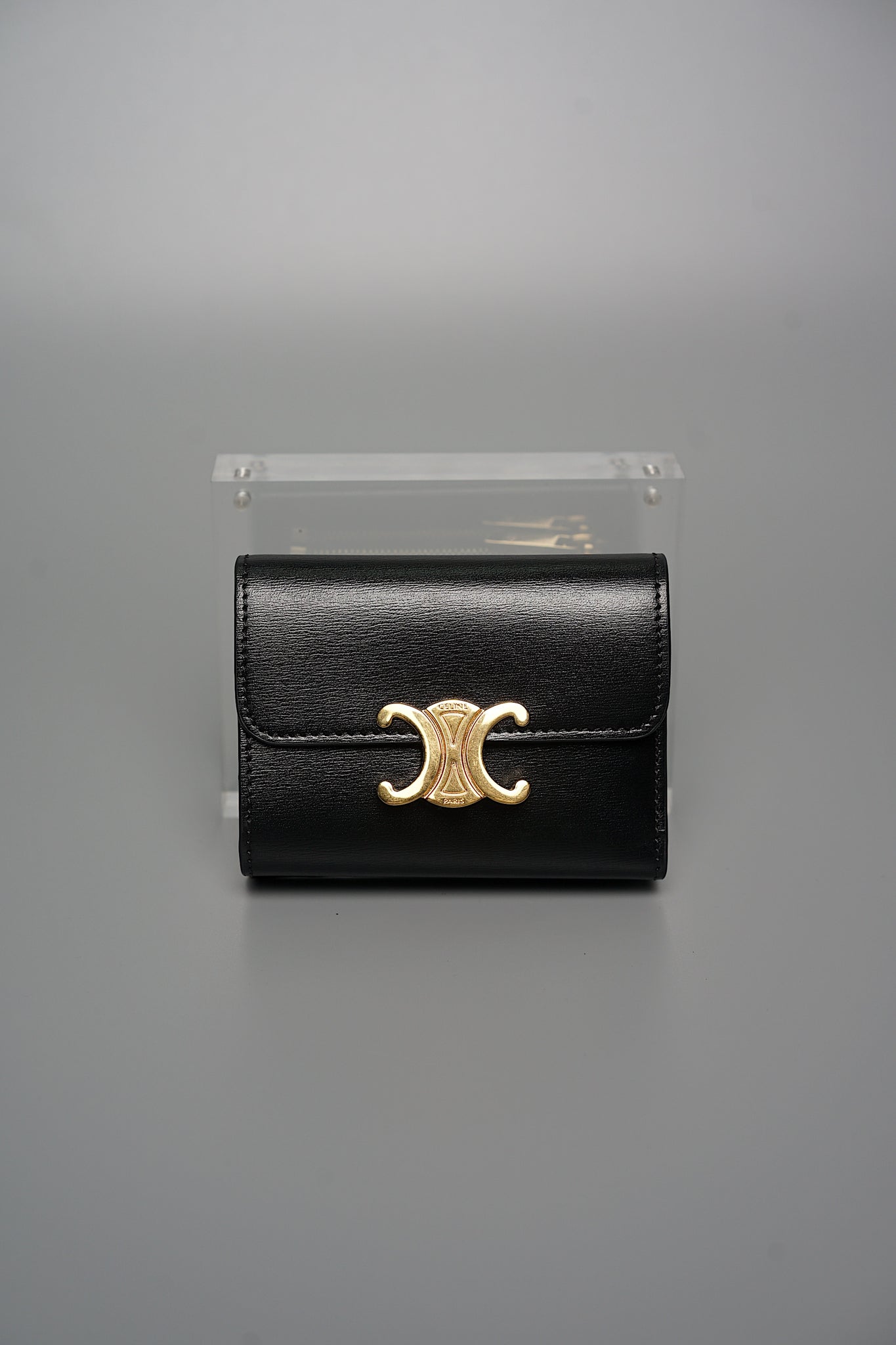 Celine Compact Wallet with Coin Triomphe in Shiny Calfskin Black