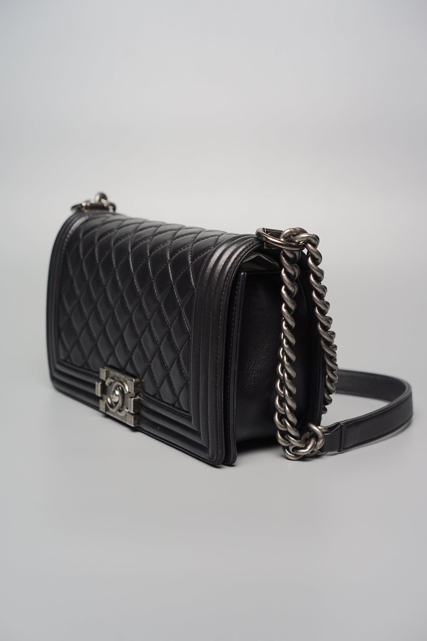 Old Medium Boy Chanel in Black Lambskin Ruthenium