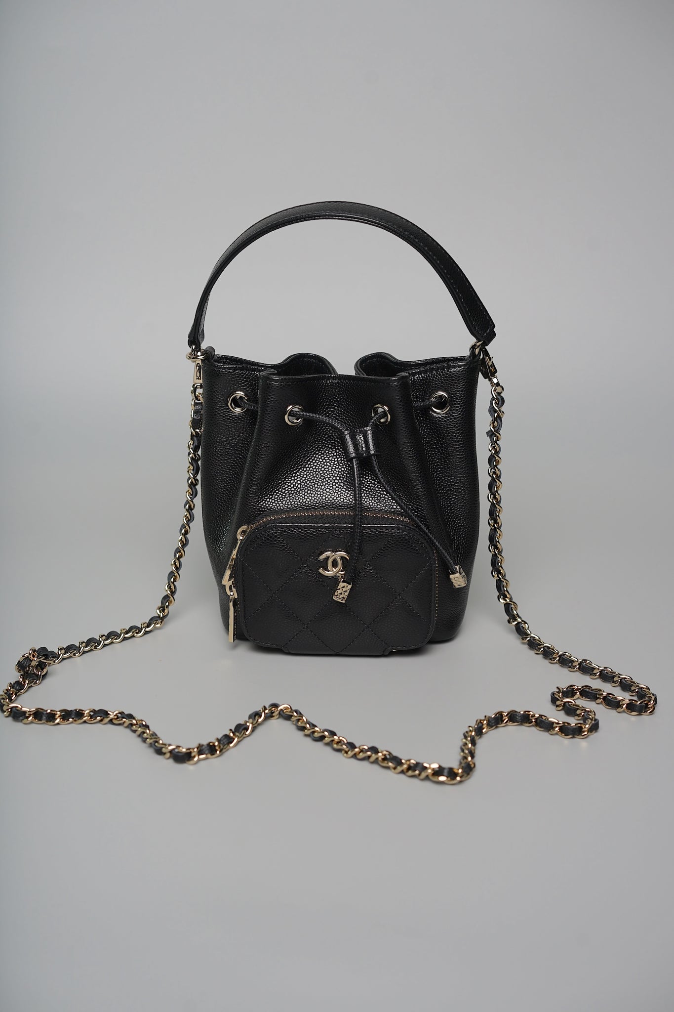 Chanel CC Drawstring Bucket Bag in Black Caviar Lghw (Brand New)