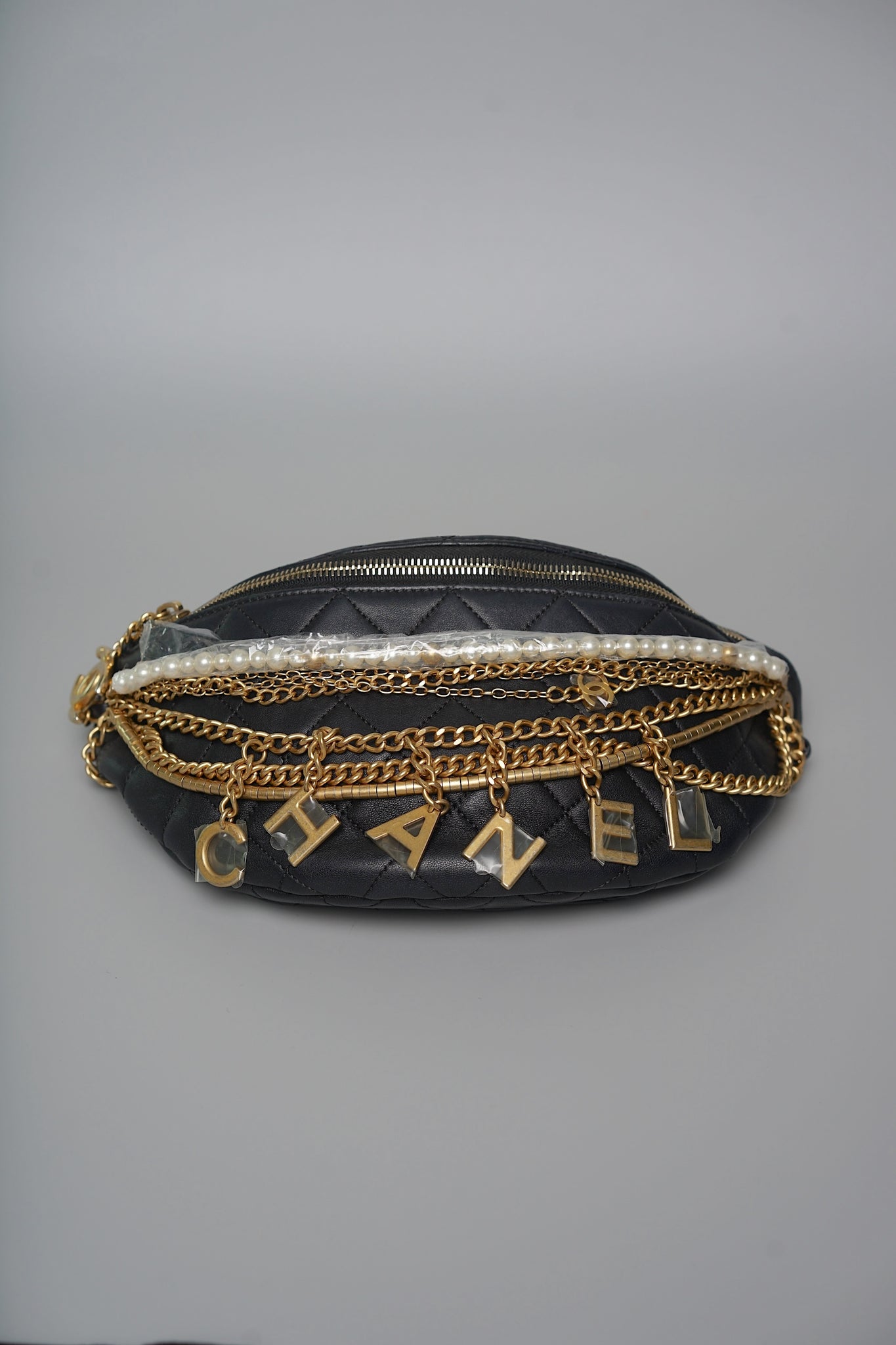 Chanel 19A Chain Pearl Bum Bag in Black Lambskin Bghw