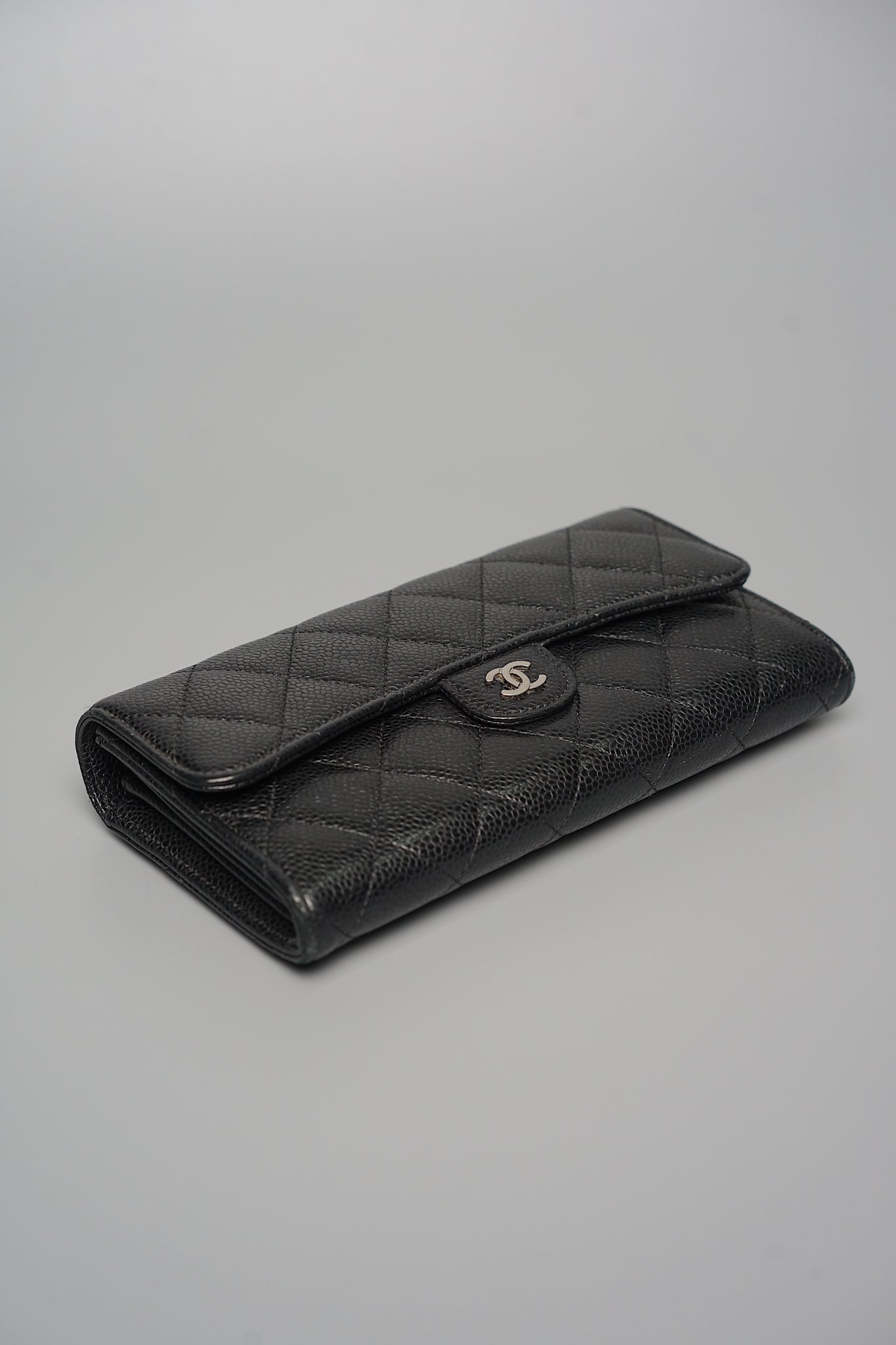 Chanel Classic Long Flap Purse Wallet in Black Caviar Shw