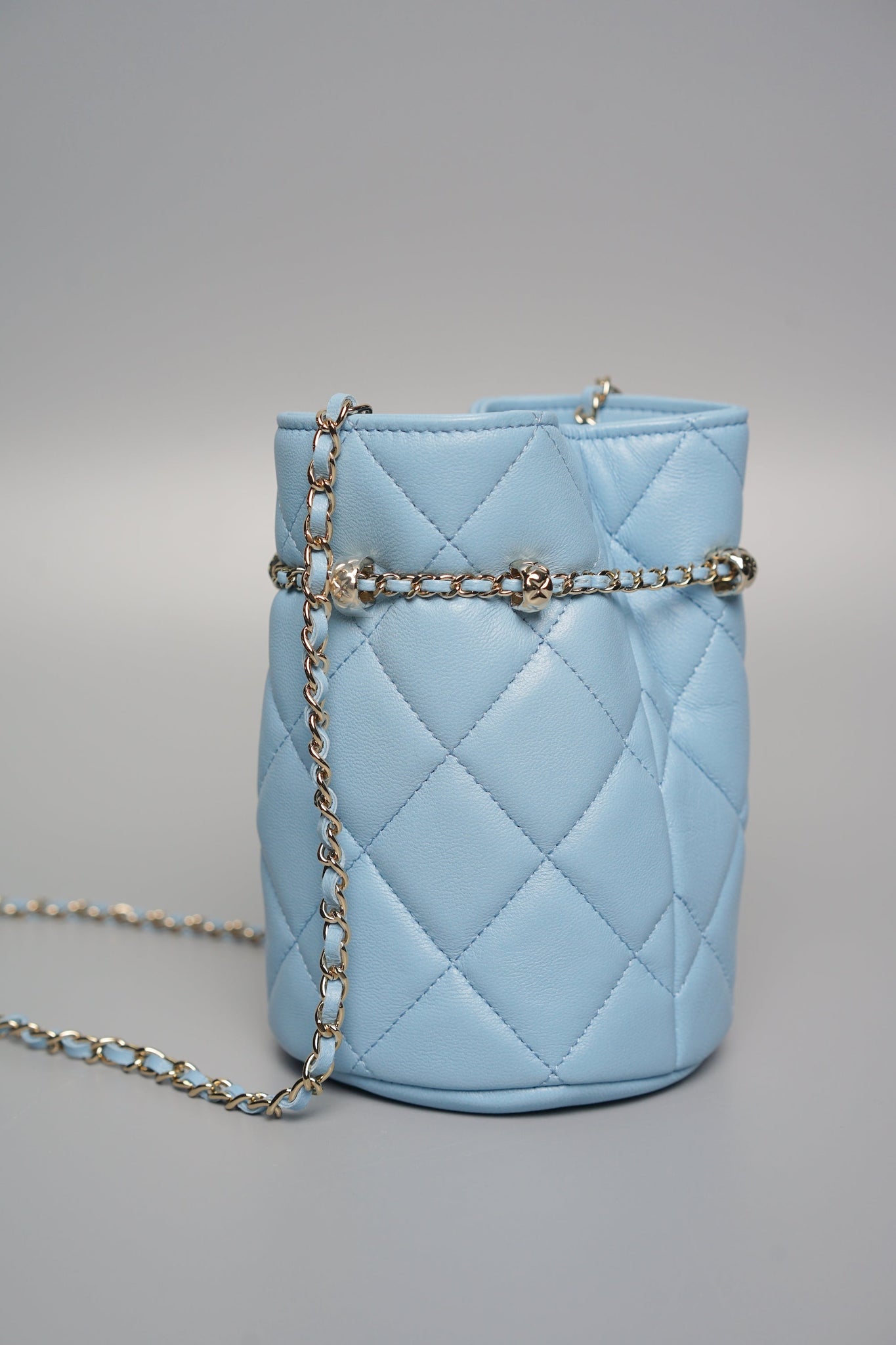 Chanel Mini Bucket Bag in Light Blue Lambskin Shw
