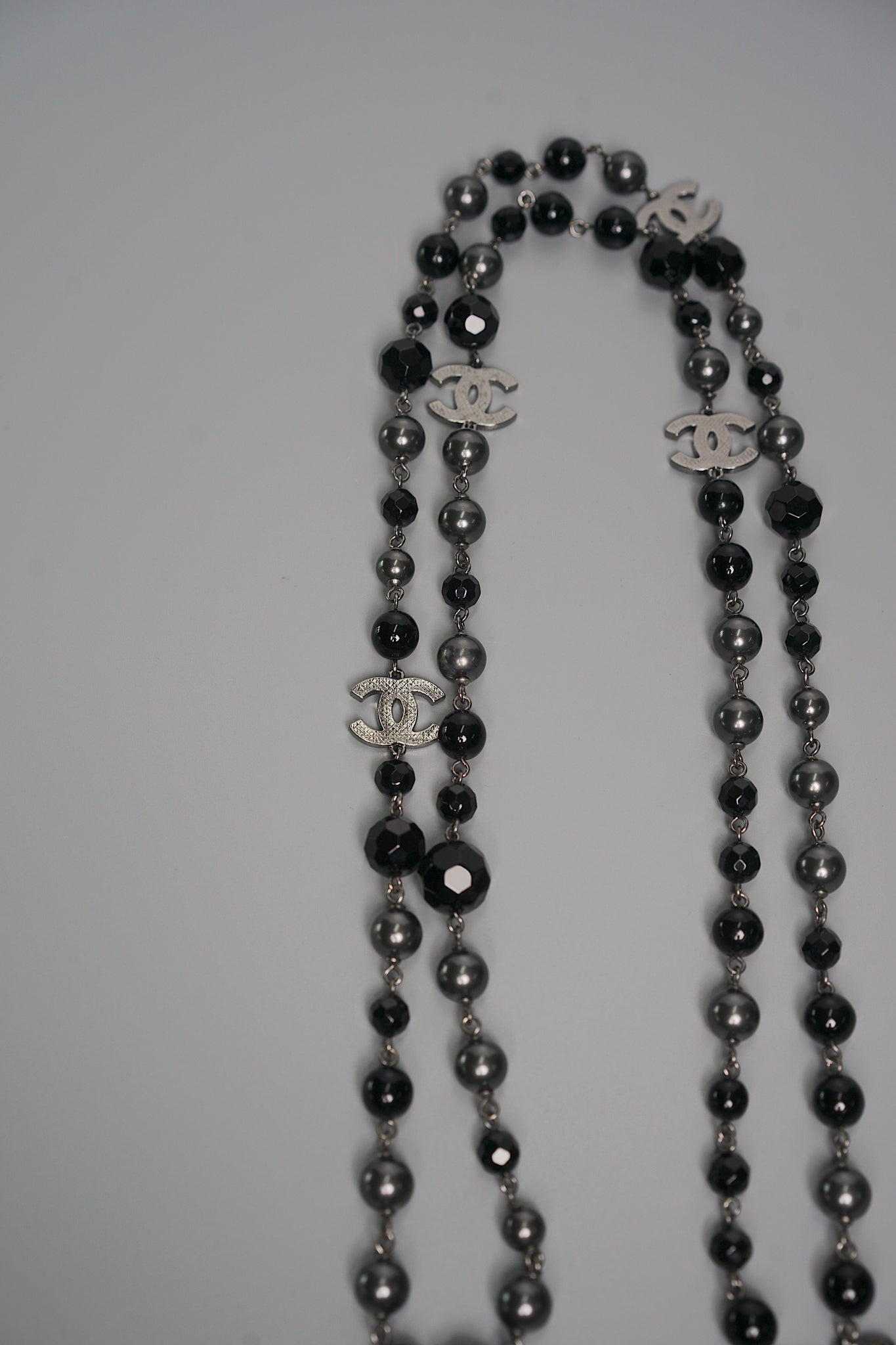 Chanel Long Necklace in Black Diamantes / Grey Pearls