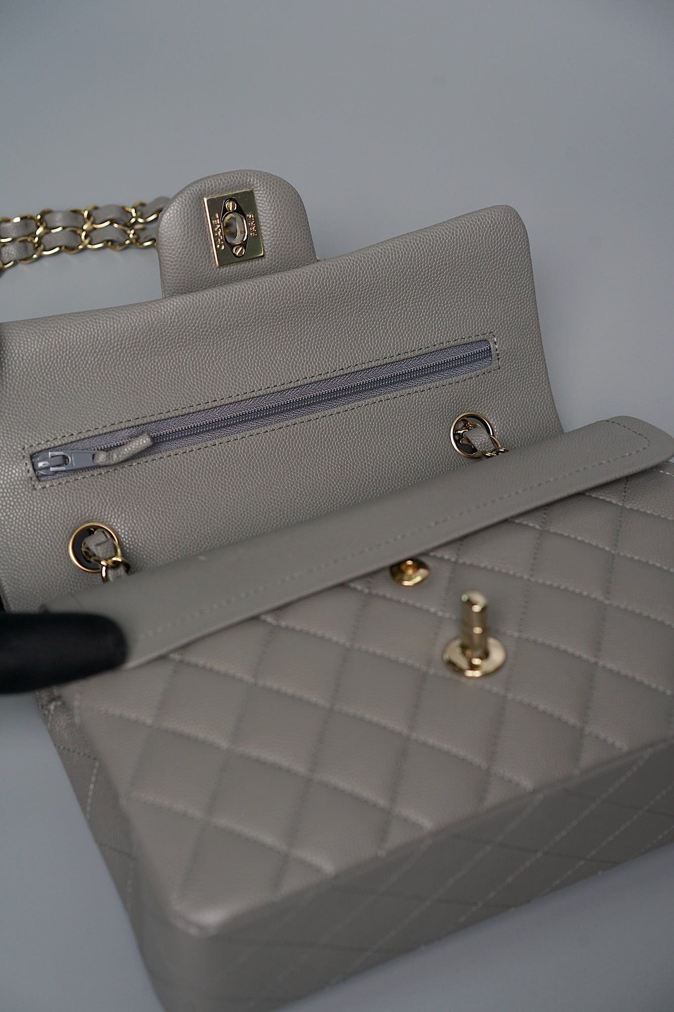 Chanel Small Classic Double Flap in Grey Caviar Ghw (Brand New)