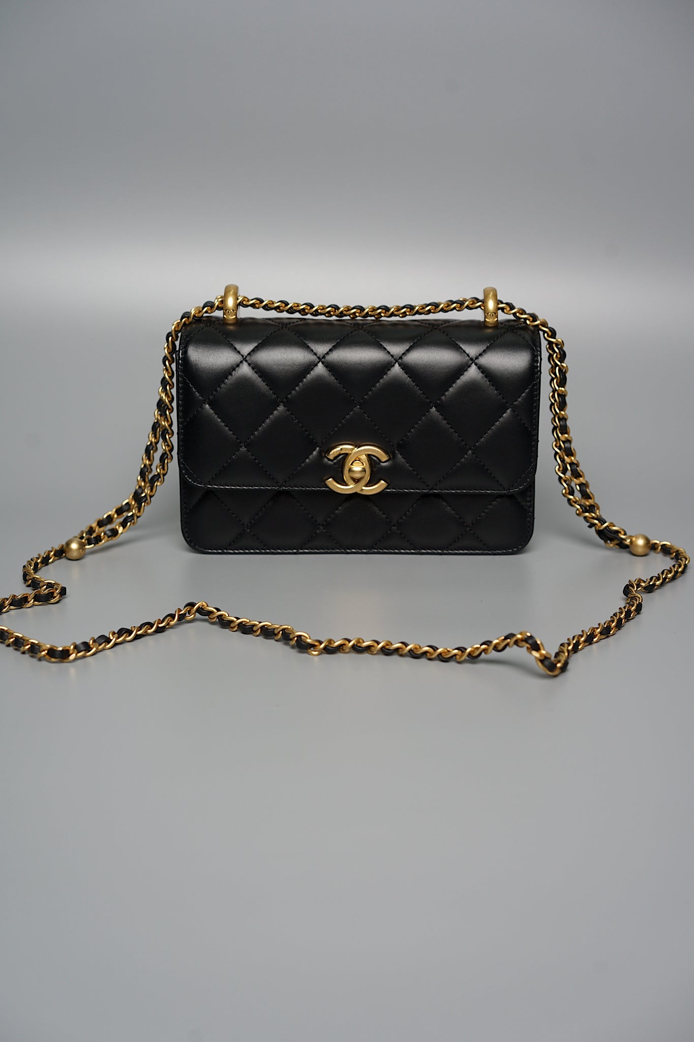 Chanel Mini Double Pearl Crush 19cm in Black Calfskin Ghw (Brand New)