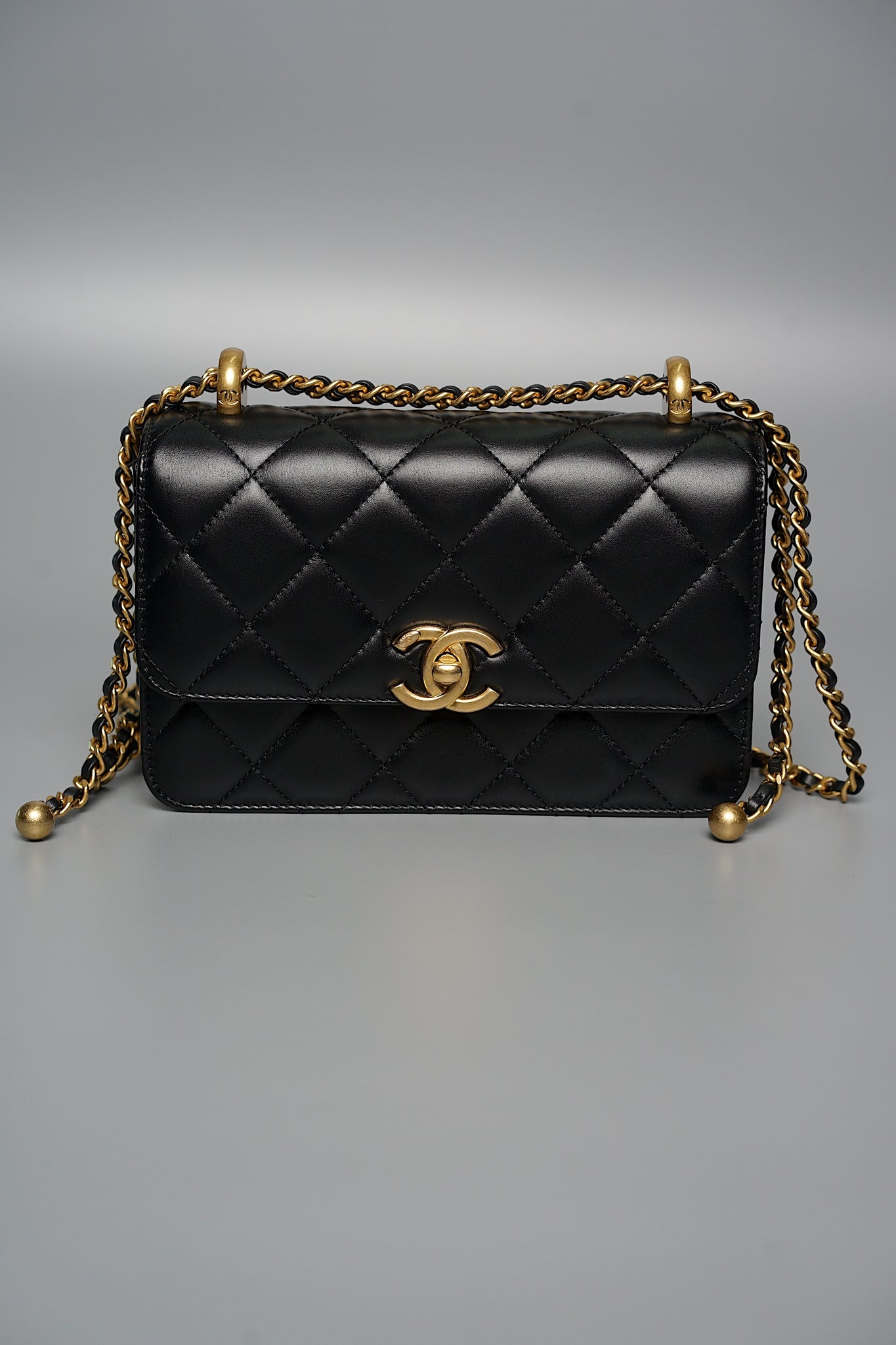 Chanel Mini Double Pearl Crush 19cm in Black Calfskin Ghw (Brand New)