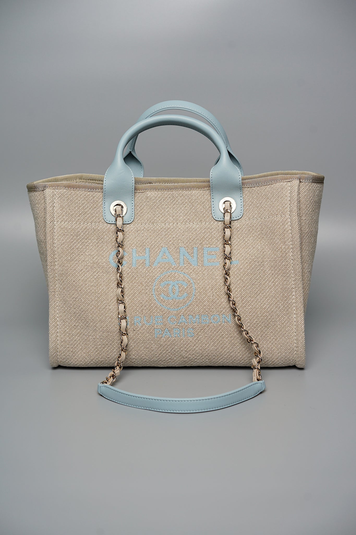 Chanel Mixed Fiber Small Deauville Tote in Beige/Baby Blue (Brand New)