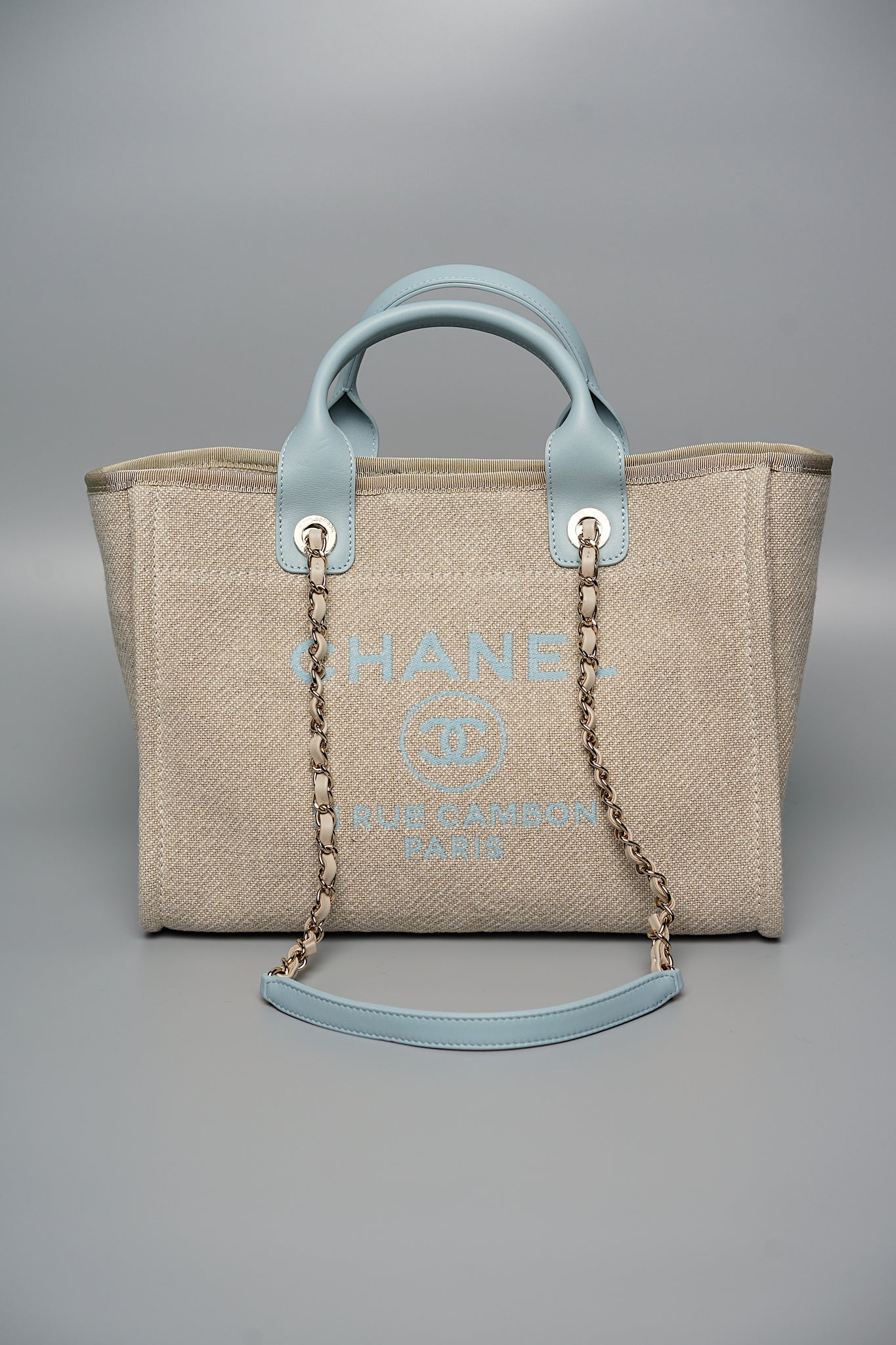 Chanel Mixed Fiber Small Deauville Tote in Beige/Baby Blue (Brand New)