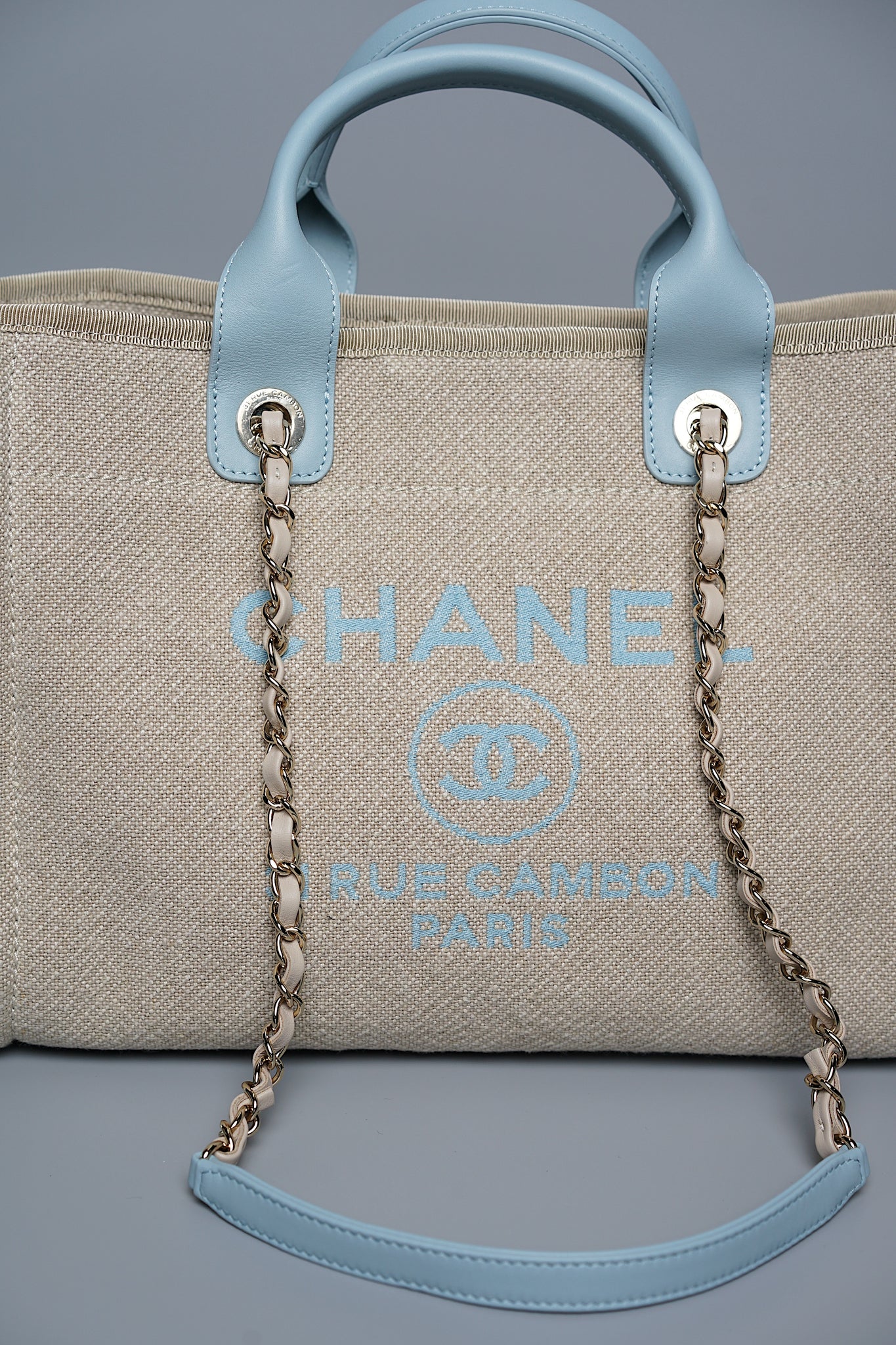Chanel Mixed Fiber Small Deauville Tote in Beige/Baby Blue (Brand New)