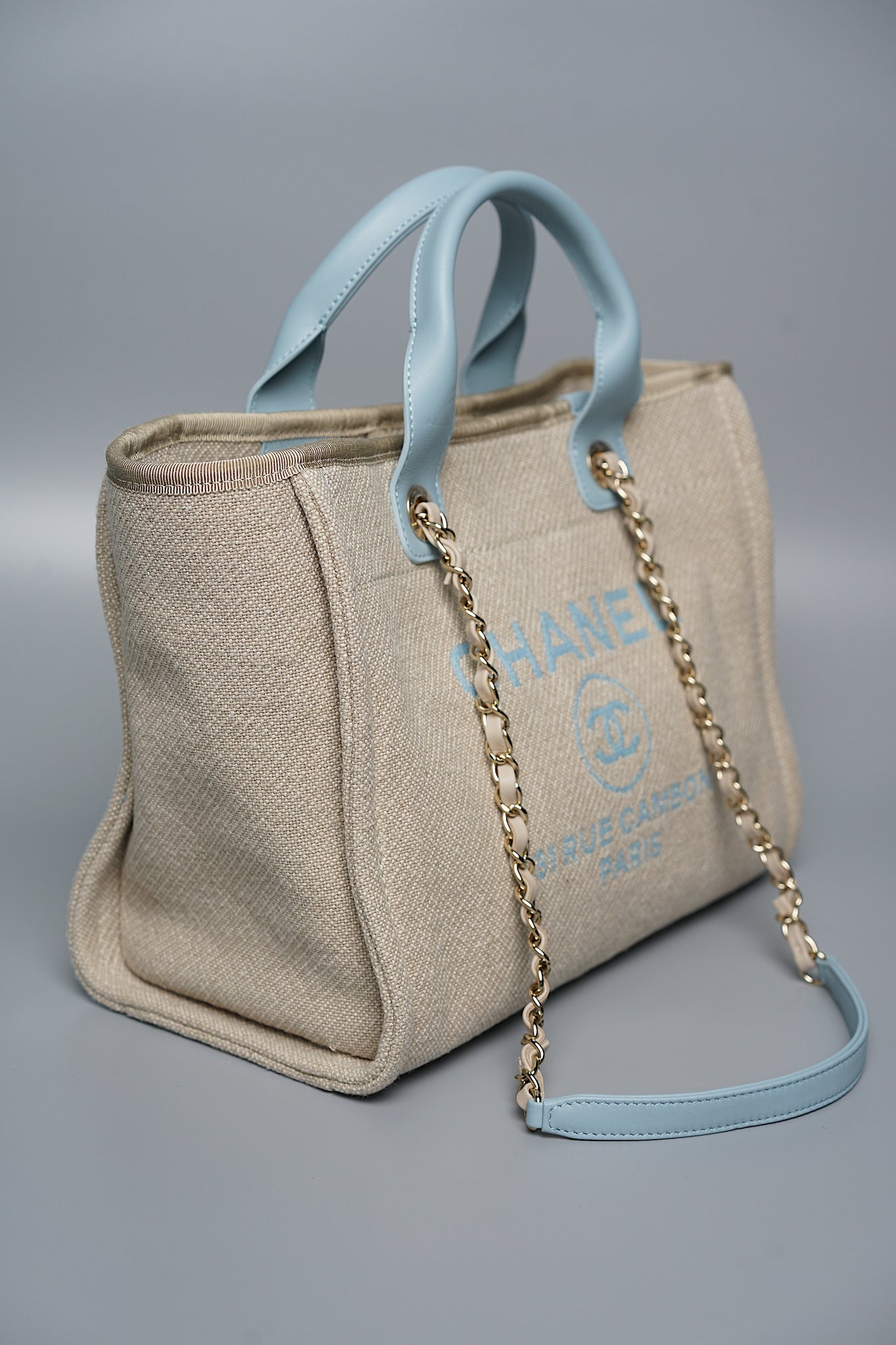 Chanel Mixed Fiber Small Deauville Tote in Beige/Baby Blue (Brand New)