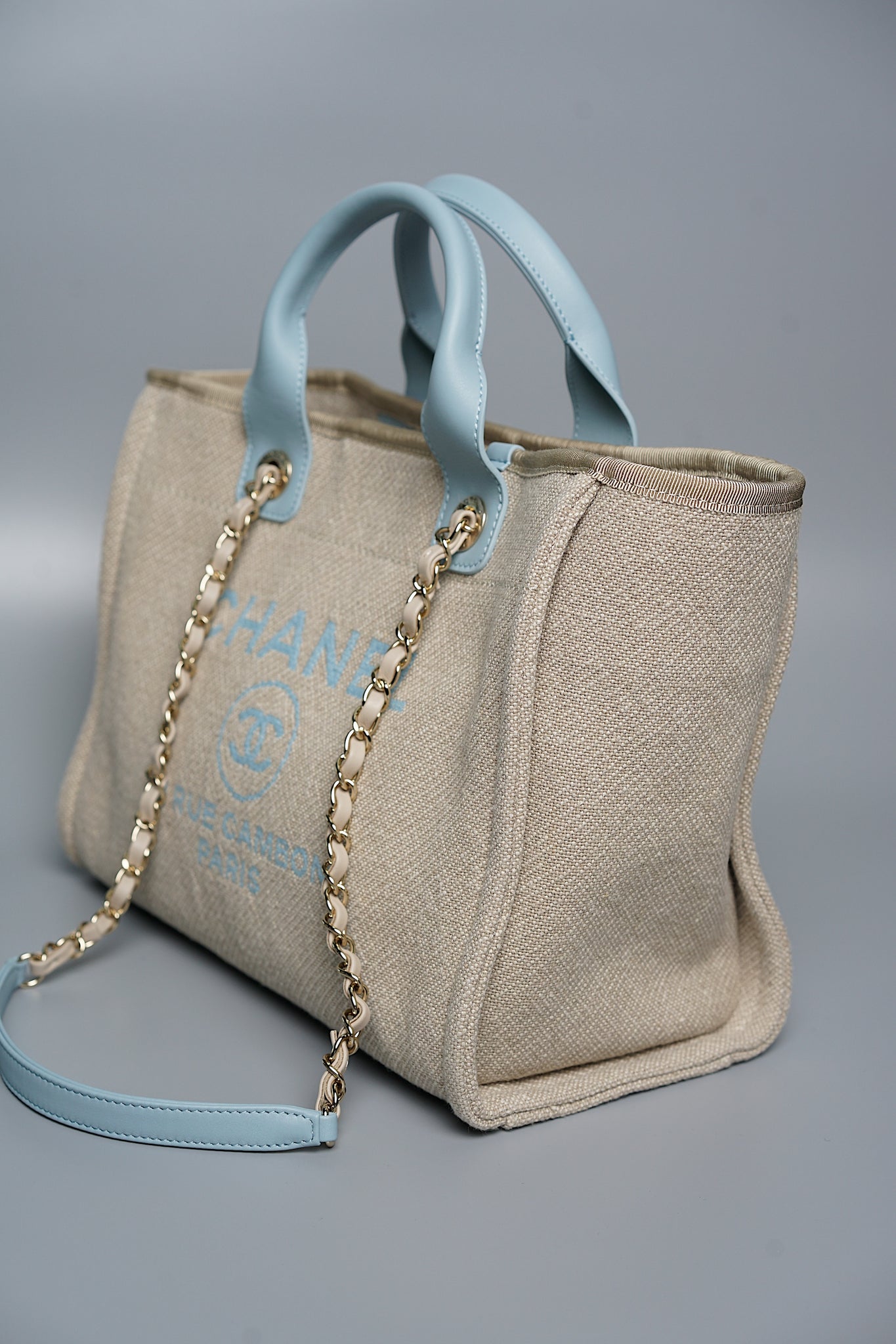 Chanel Mixed Fiber Small Deauville Tote in Beige/Baby Blue (Brand New)